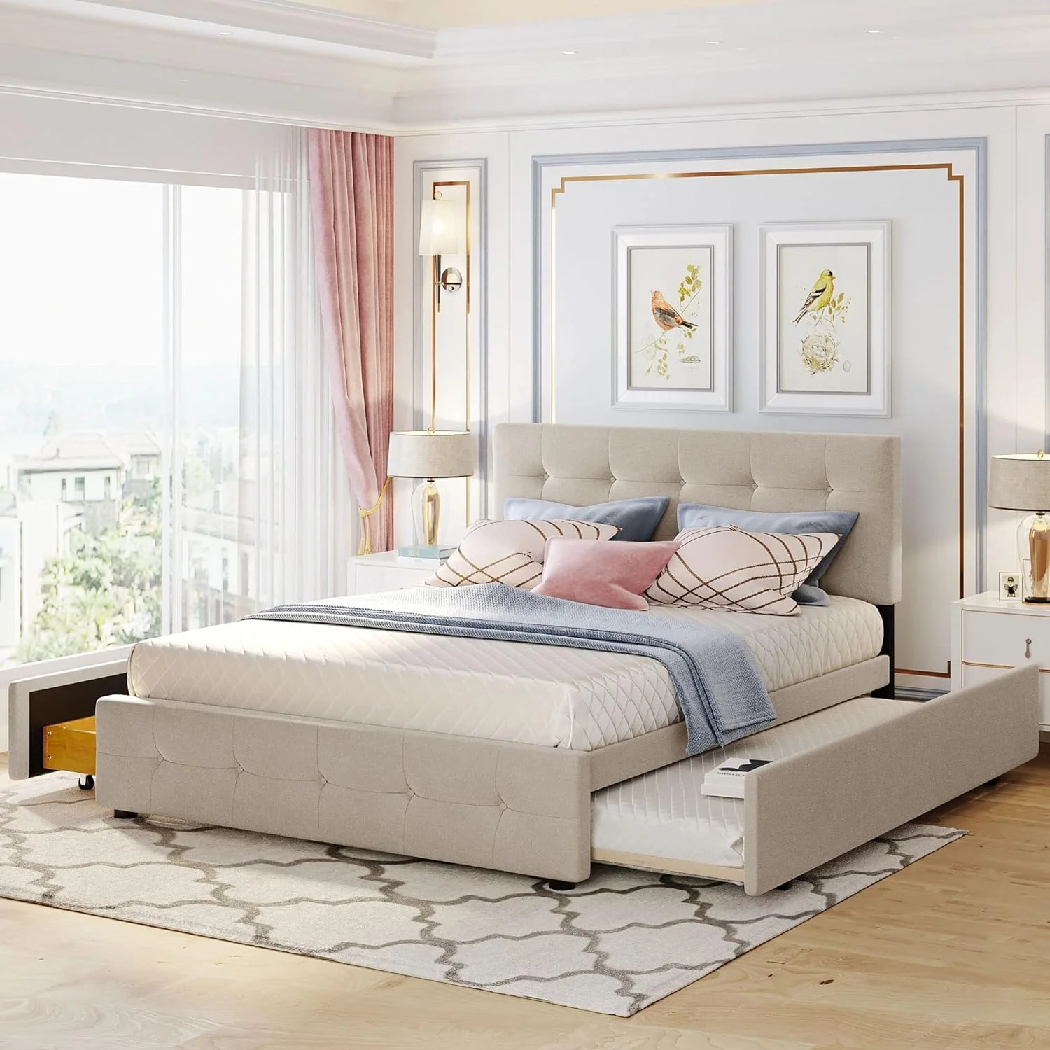 Upholstered Queen Beds With 2 Storage Drawers And A XL Trundle Linen Fabric Platform Bed Frame With Headboard For Adults, Boys, Girls, Kids, Teens Bedroom, Beige