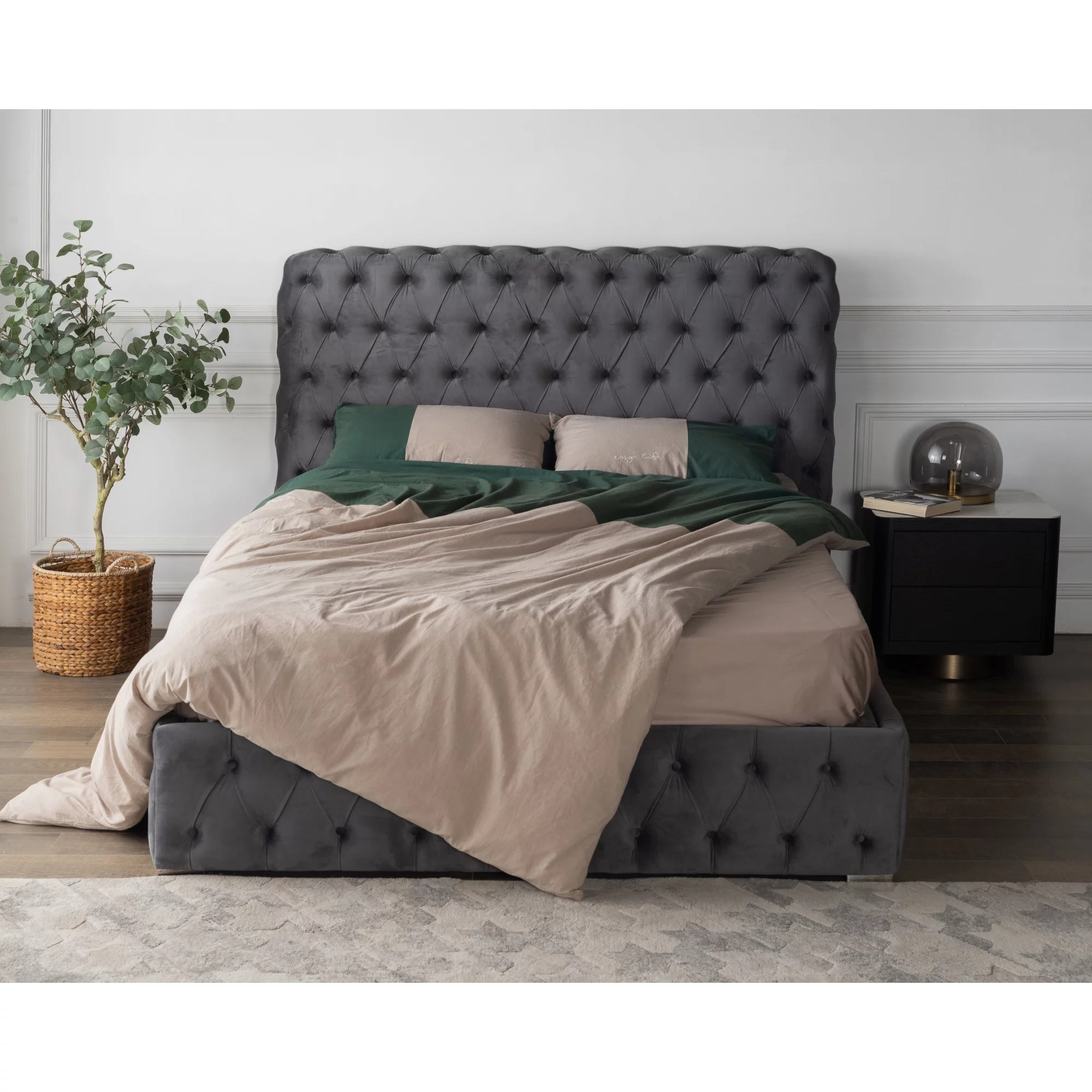 3585QUEEN BED Beautiful line stripe cushion headboard,Portable pneumatic connection rod+Grey Flannelette