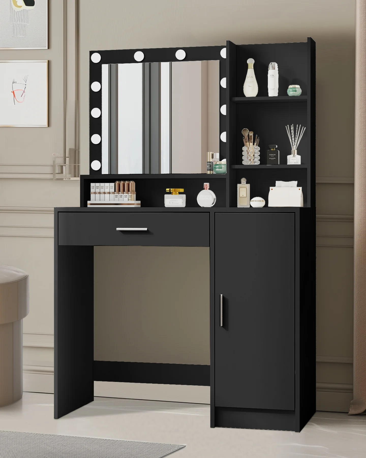 Whiteleopard Vanity Desk with Mirror & Light,Bedroom Makeup Table,Large Drawer & Three Level Storage Dresser,3 Lighting Modes Adjustable Brightness,Black