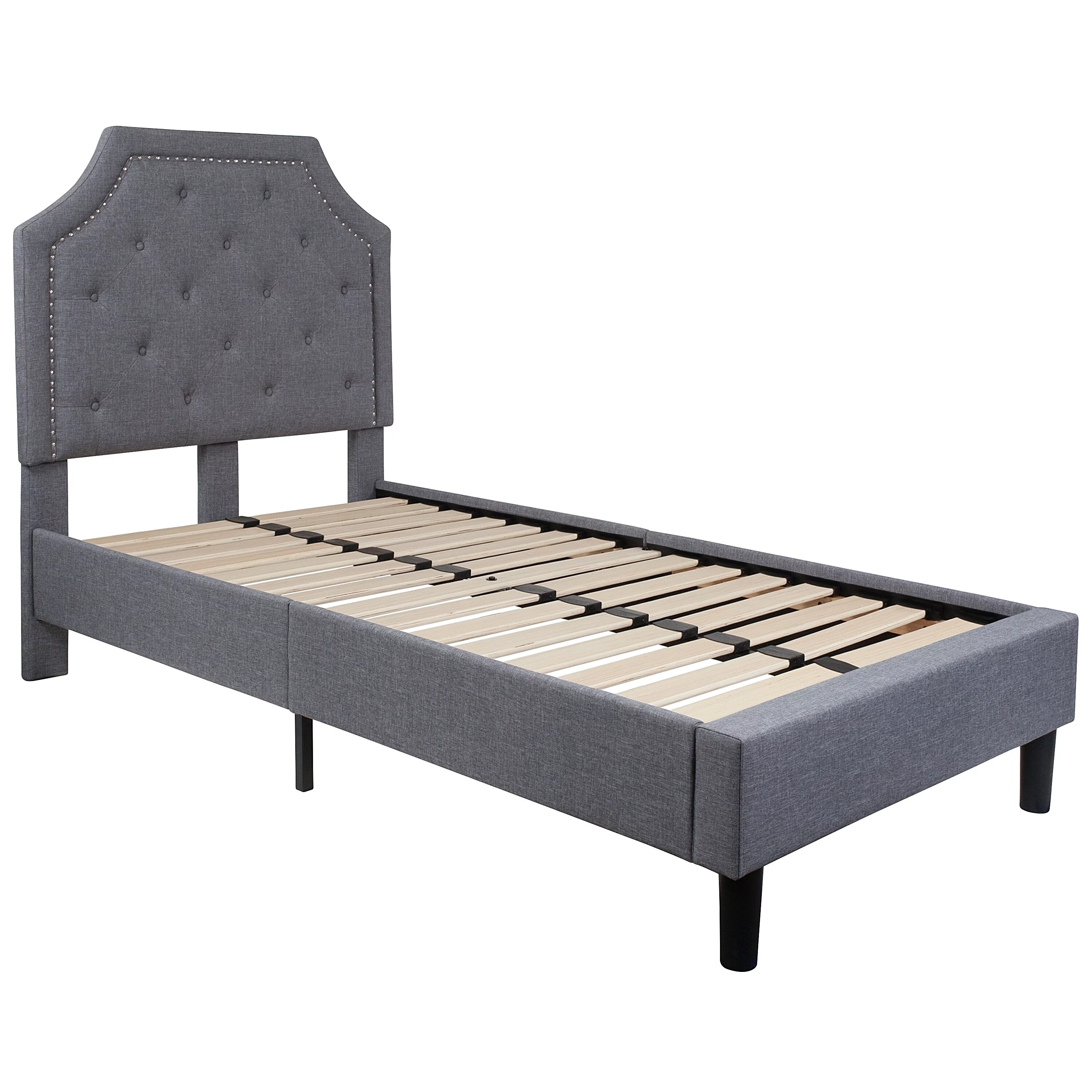BSD National Supplies Inc. Reno Twin Size Light Grey Fabric Platform Bed with Button Tufted Headboard