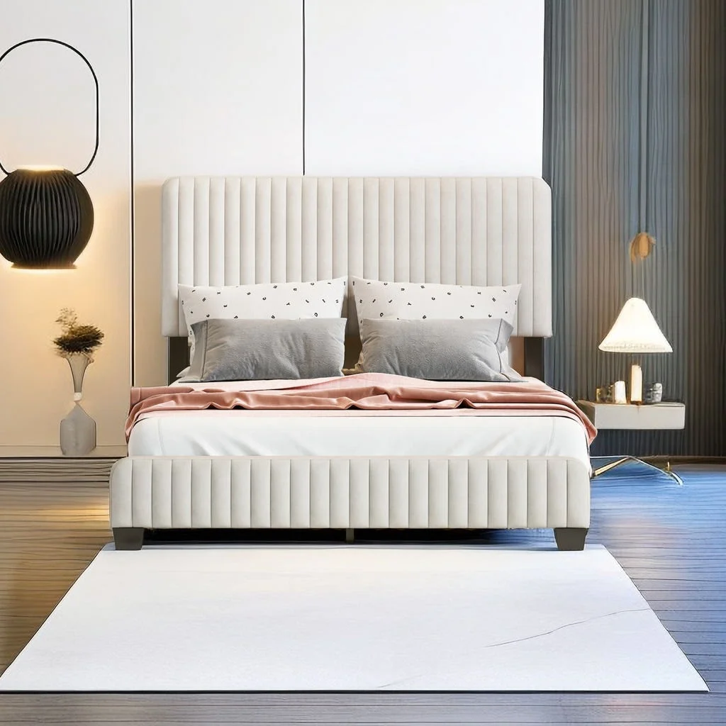 Full Size Bed Frame with Vertical Channel Tufted Wingback Headboard,Platform Upholstered in Velvet Fabric,Mattress Foundation Wooden Slats & Metal Support,Easy Assembly