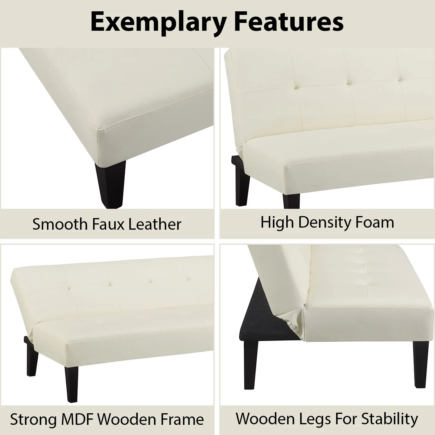 Button Tufted Futon Sofa Bed, Faux Leather Futon Couch, Modern Convertible Folding Sofa Bed Couch with Wooden Legs Cream