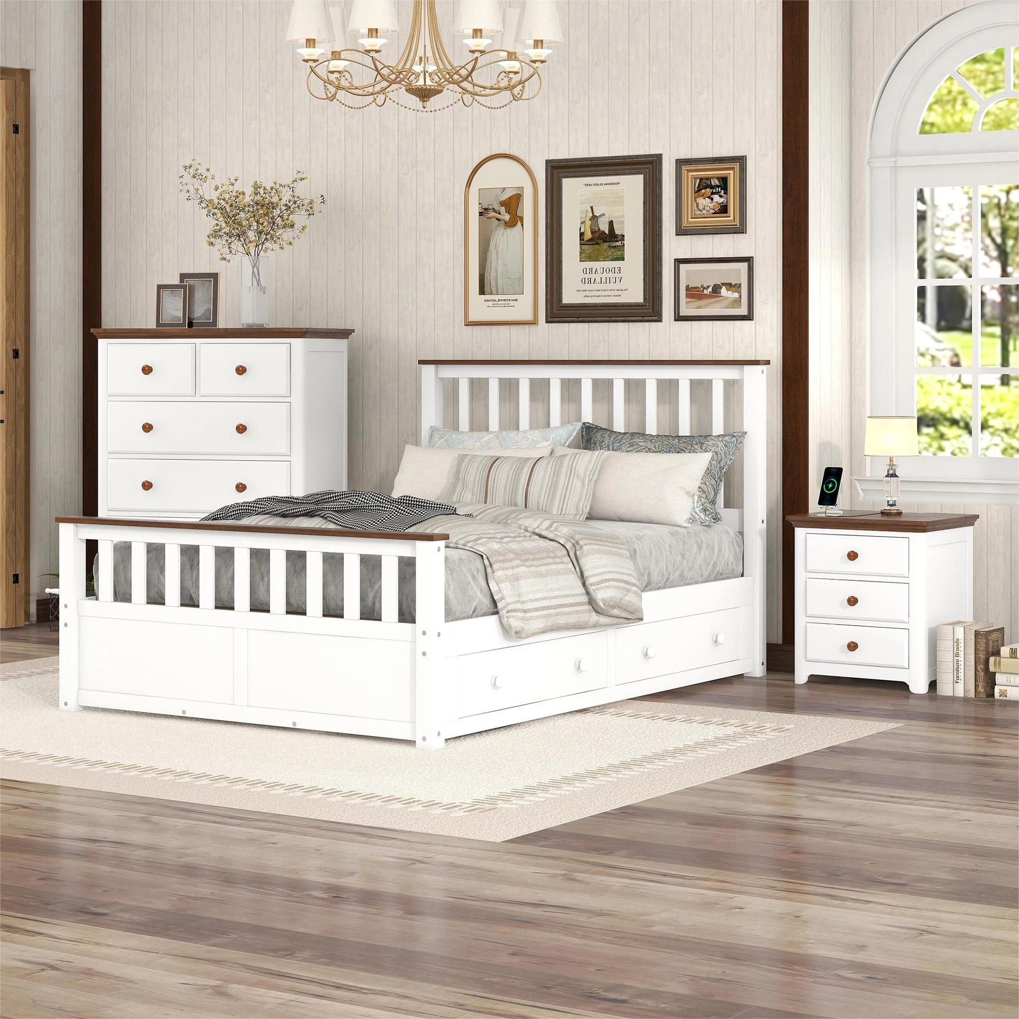 Dawn Whisper 3-Pieces Bedroom Sets Full Size Platform Bed with Nightstand (USB Charging Ports) and Storage Chest, White and Walnut