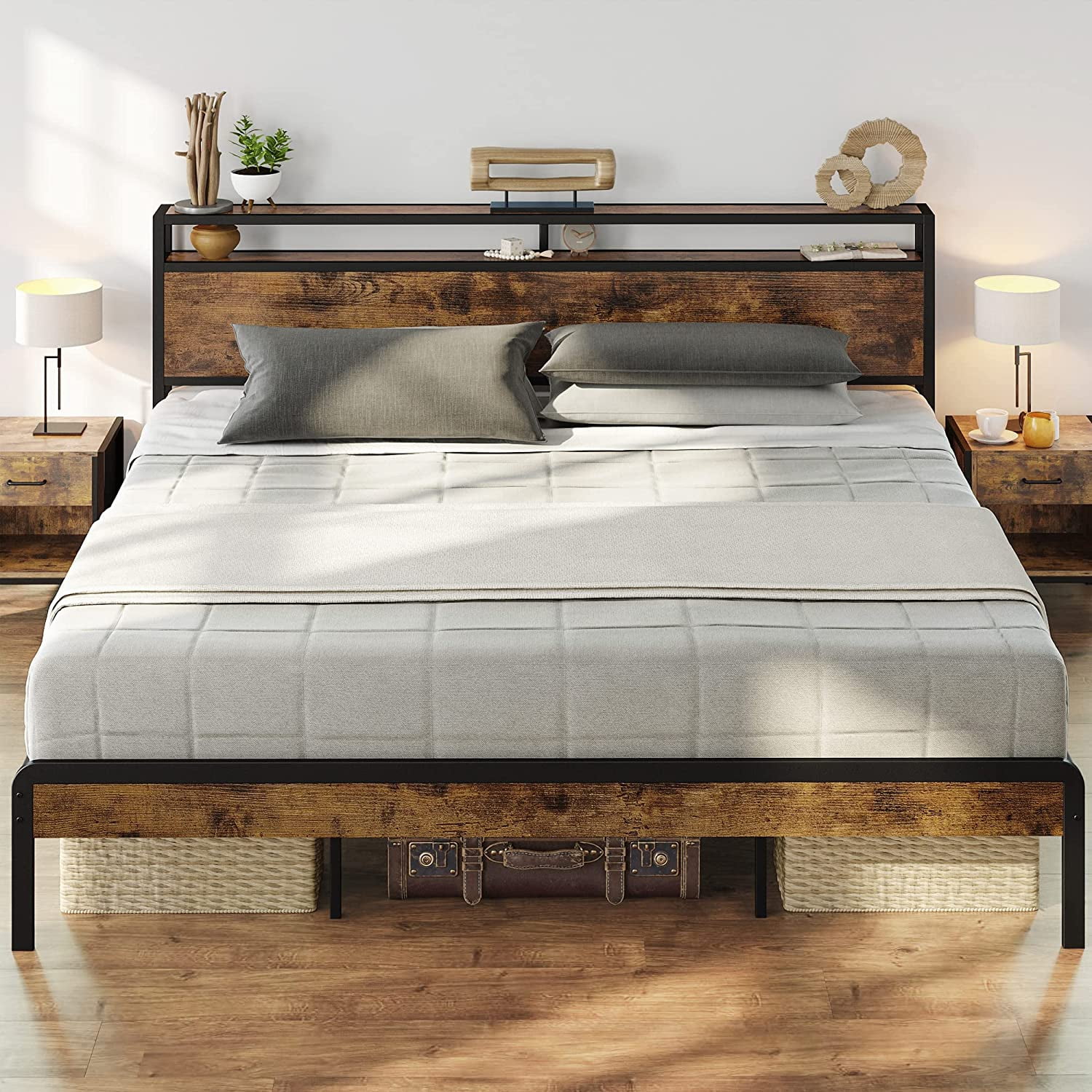 OUWI King Size Bed Frame, Platform Bed with 2-Tier Storage Headboard, Solid and Stable, Noise Free, No Box Spring Needed, Easy Assembly,Vintage Brown