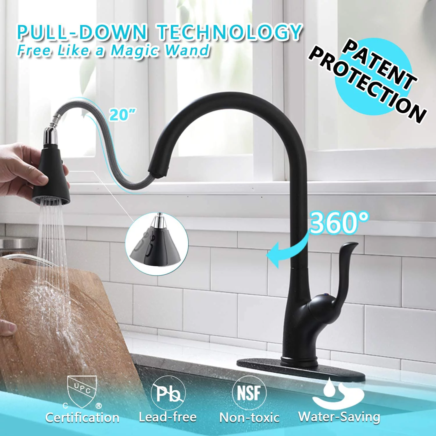 APPASO Matte Black Kitchen Faucet with Pull Down Sprayer and Soap dispenser-Single Handle High Arc One Hole Kitchen Sink Faucet with Pull Out Sprayer and Deck Plate
