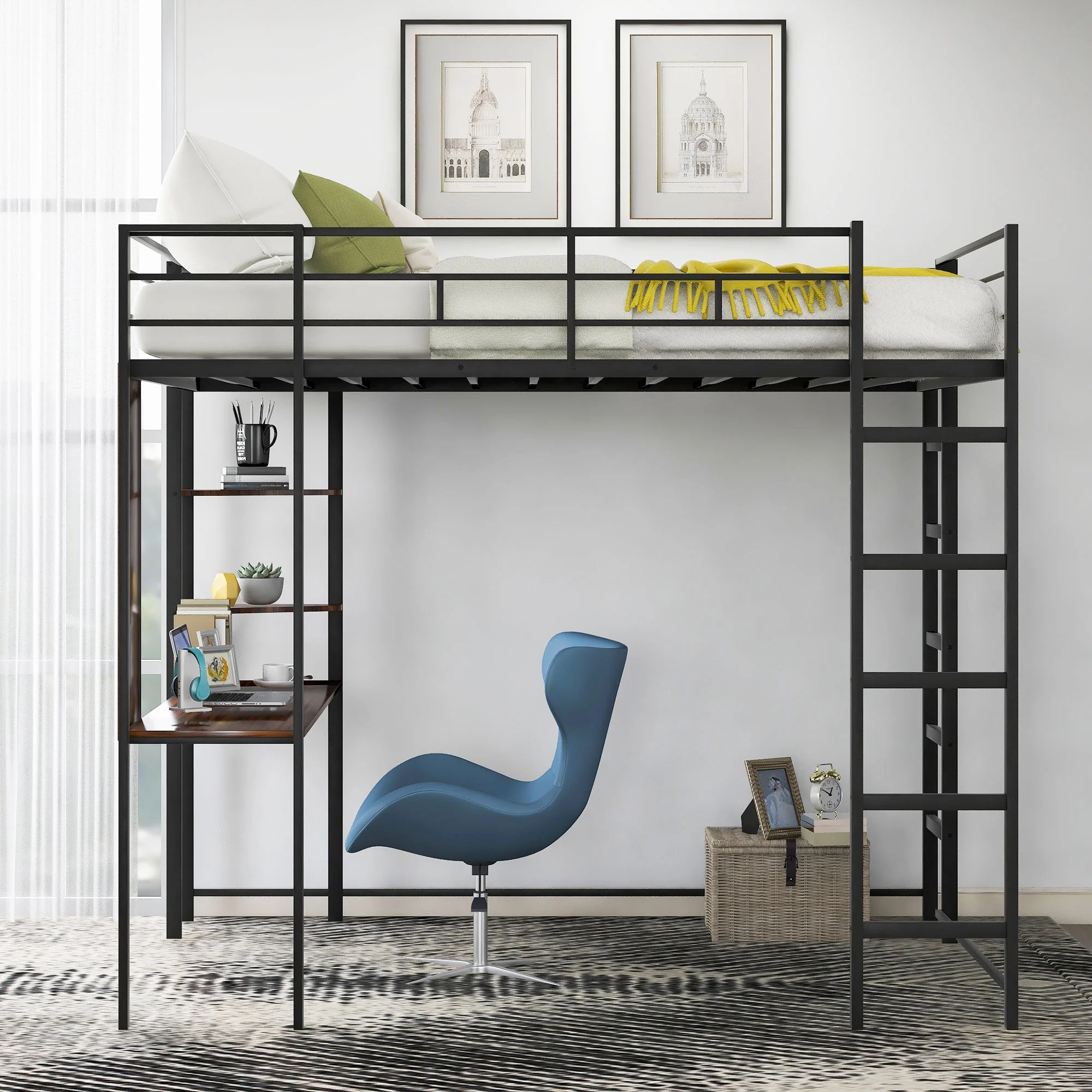 Gewnee Full Size Metal Loft Bed with Desk and Two Ladders for Kids and Teens,Black