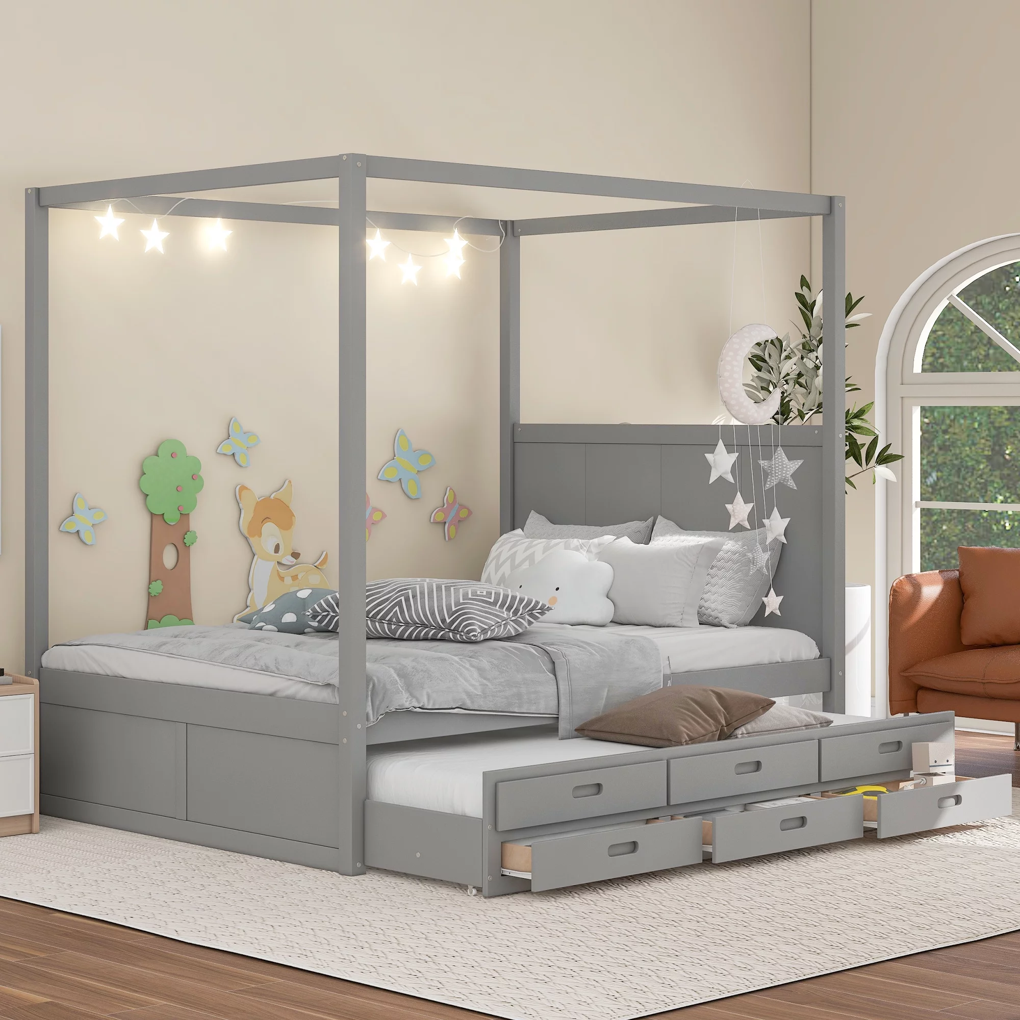 Wooden Tent Canopy Bed with Solid Construction for Toddlers, Queen Size Canopy Daybed with Twin Size Trundle and Three Storage Drawers, Wood Floor Bed Frame(Gray)