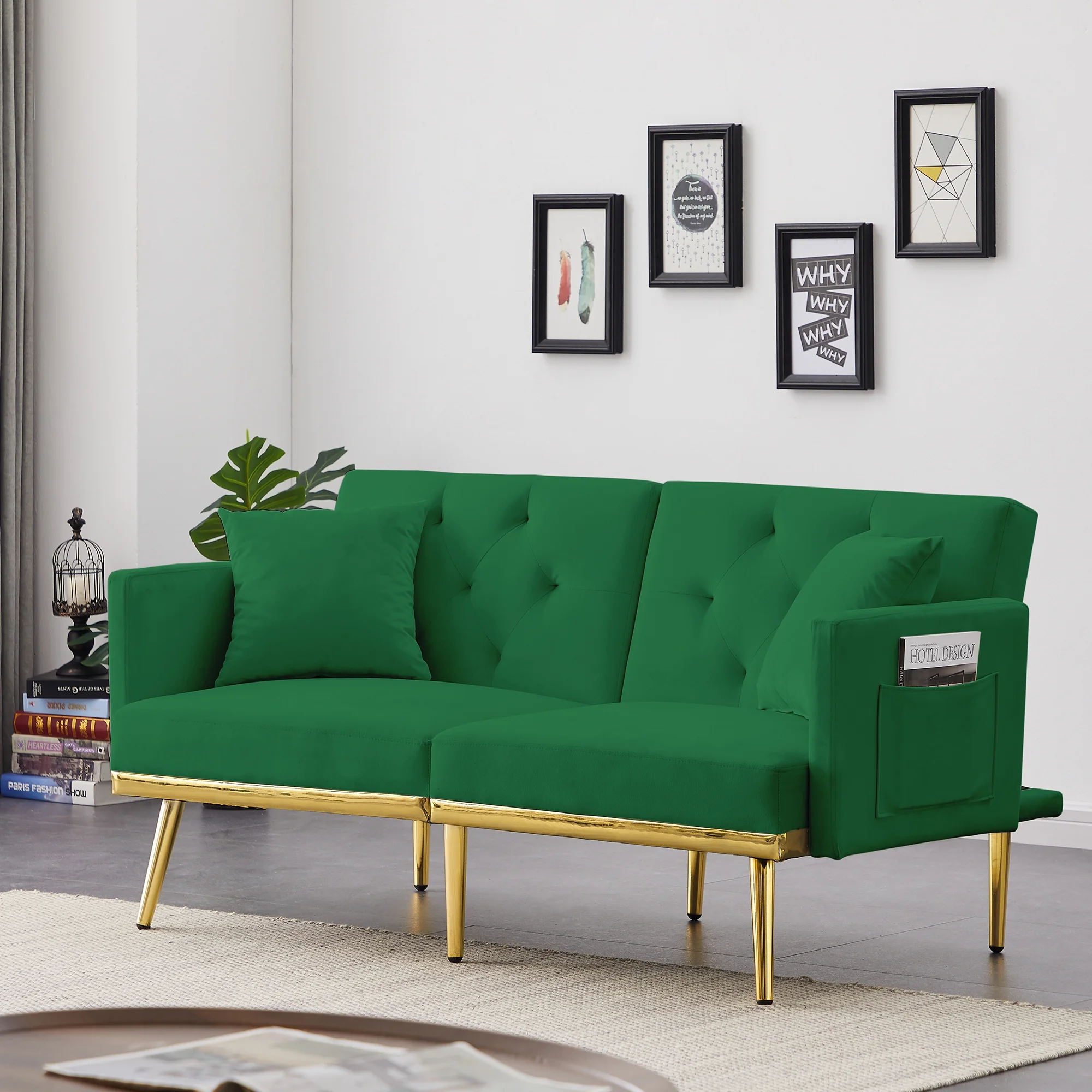 Hombay Velvet Convertible Sofa Bed Folding Sleeper Couch Loveseat with Pillows Gold Metal Legs
