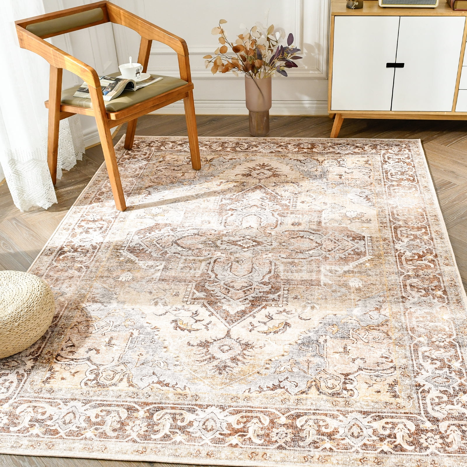 RUGKING Traditional Area Rug 6x9 Foldable Oriental Carpet Taupe Area Rug Indoor Non-Slip Rug for Kitchen Living Room Bedroom Hallway Dining Room