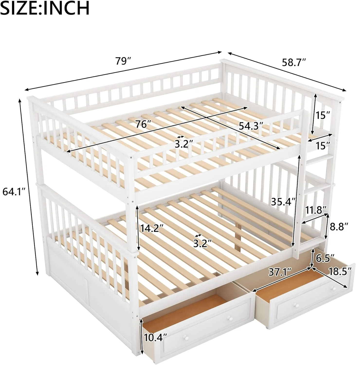 Kids Bunk Beds With 2 Drawers, Solid Wood Convertible Two Full Size Daybeds, Full Over Full Teens Bedroom Bed, Frame With Ladder, Safety Rail For Teens Adults (White)