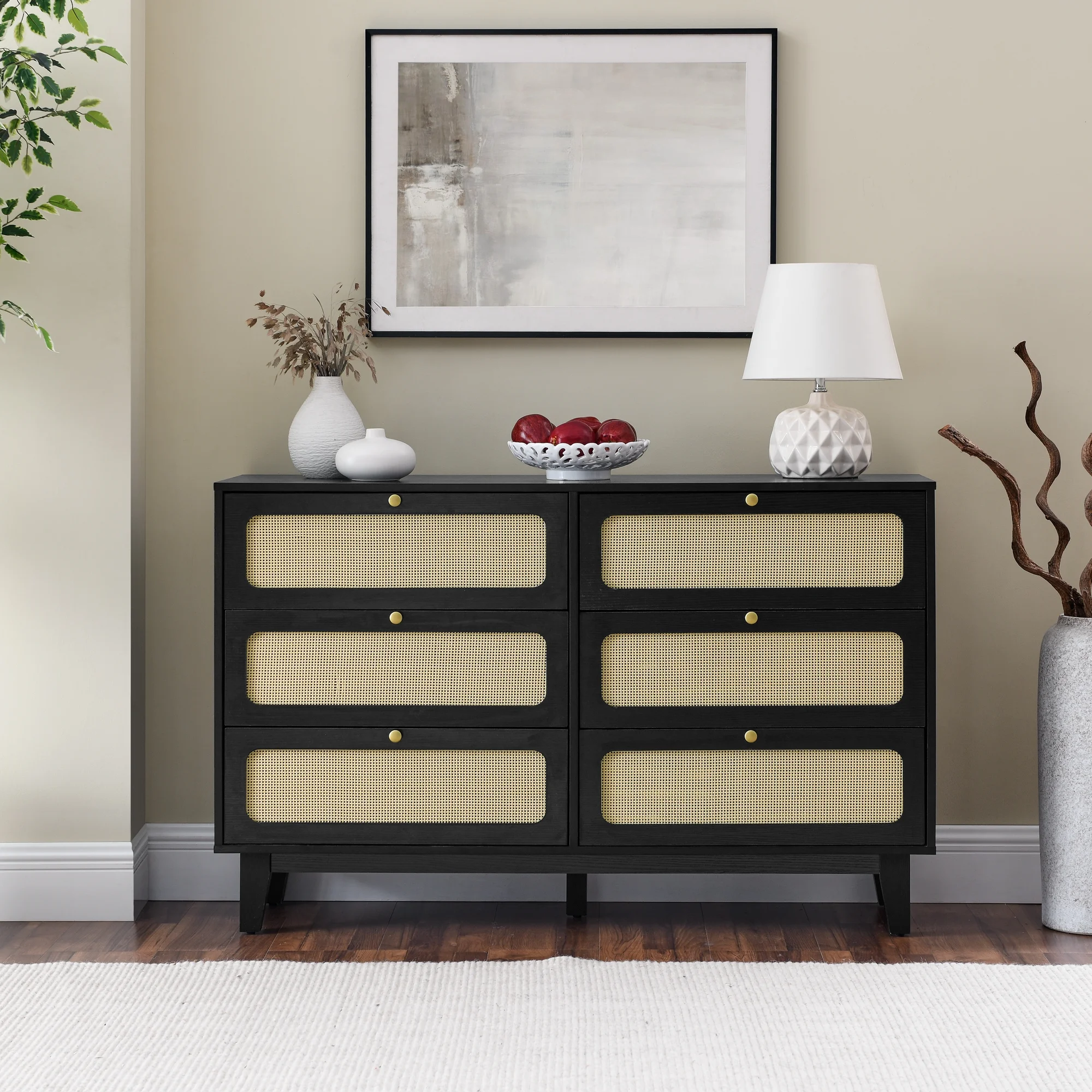 Antique Style Wooden Bedroom Dresser TV Cabinet, Six-Drawer, MDF+Solid Wood, 52.4x15.75x32.76