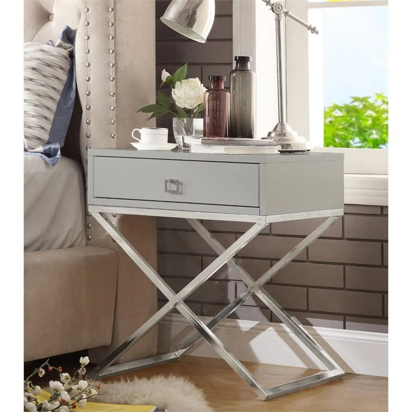 Posh Living Brianna 1-Drawer Nightstand with X-Metal Legs in Gray/Chrome