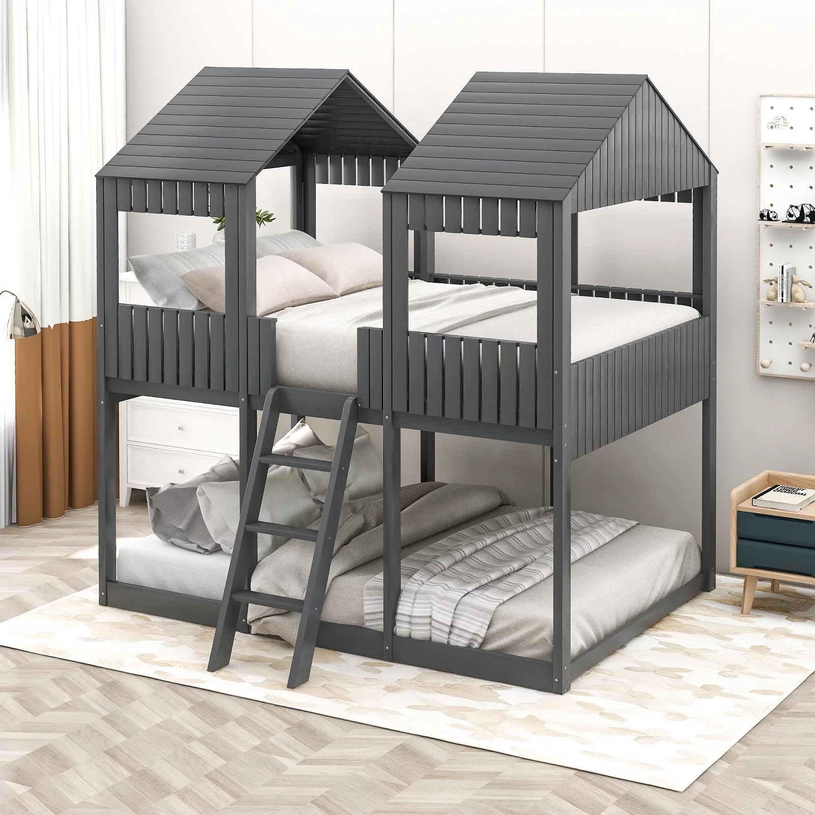 Full Over Full Bunk Bed for Kids Teens, Solid Wood Full Bunk Bed Frame with Window, Guardrail, Roof for Girls, Boys