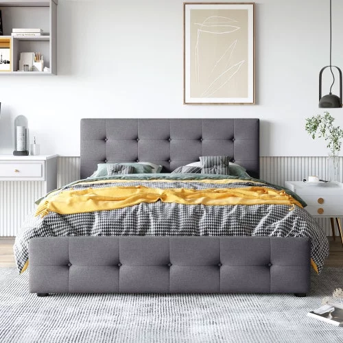 HESTINYSUS Upholstered Queen size bed with headboard and 4 drawers, no springs, Linen Fabric, Dark Gray