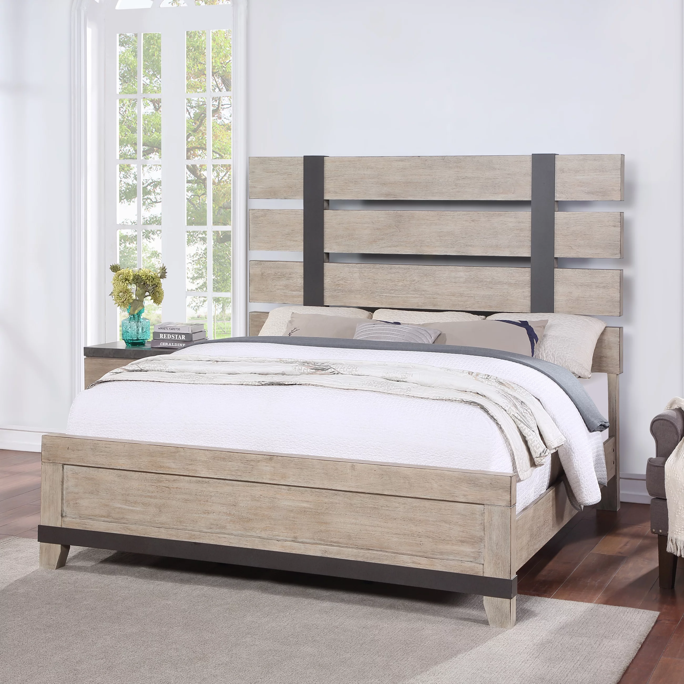 Arbela Wood Slatted Panel Bed with Dresser, Mirror, and Nightstand, Queen, Weathered Oak Finish