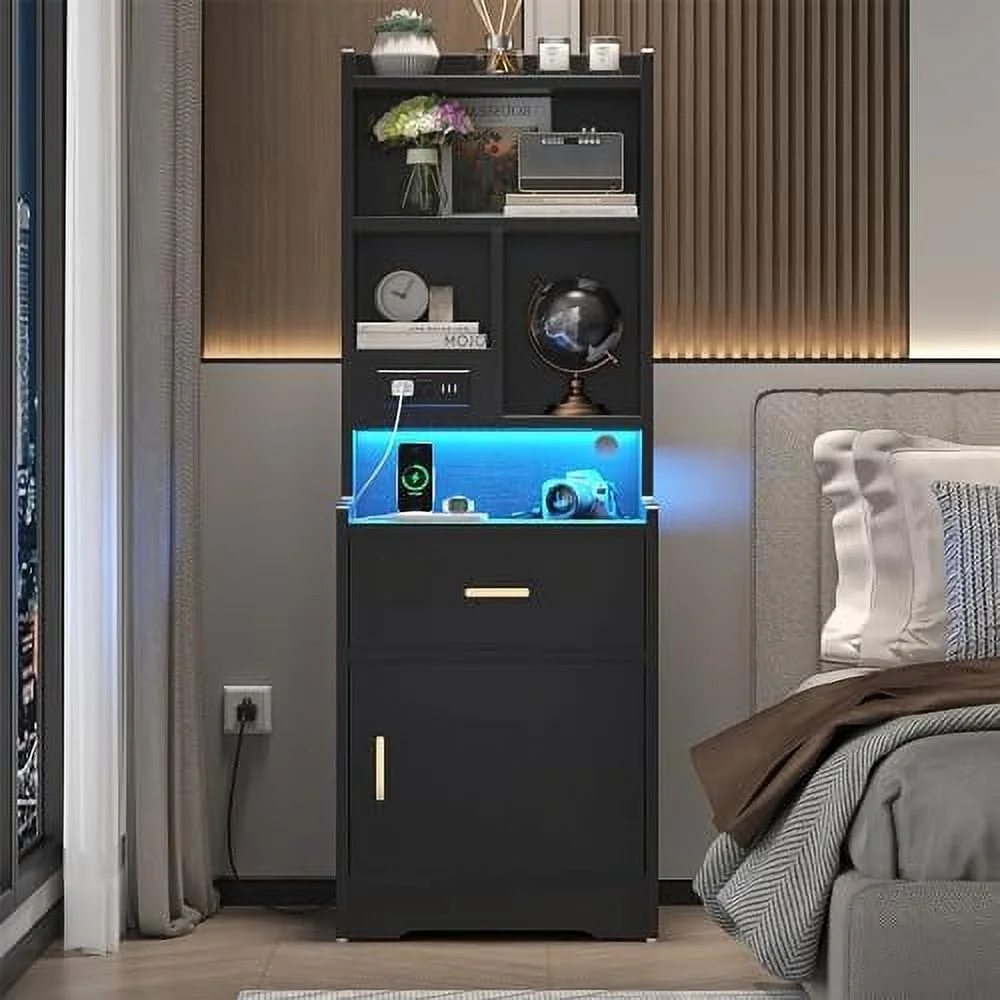 55.8" Tall Nightstand with Charging Station   Night Stand with LED Light  Bedside Table with Bookshelf &  Cabinet & Drawer  for Bedroom/ Office  19.7"x 15.8"x 55.8"