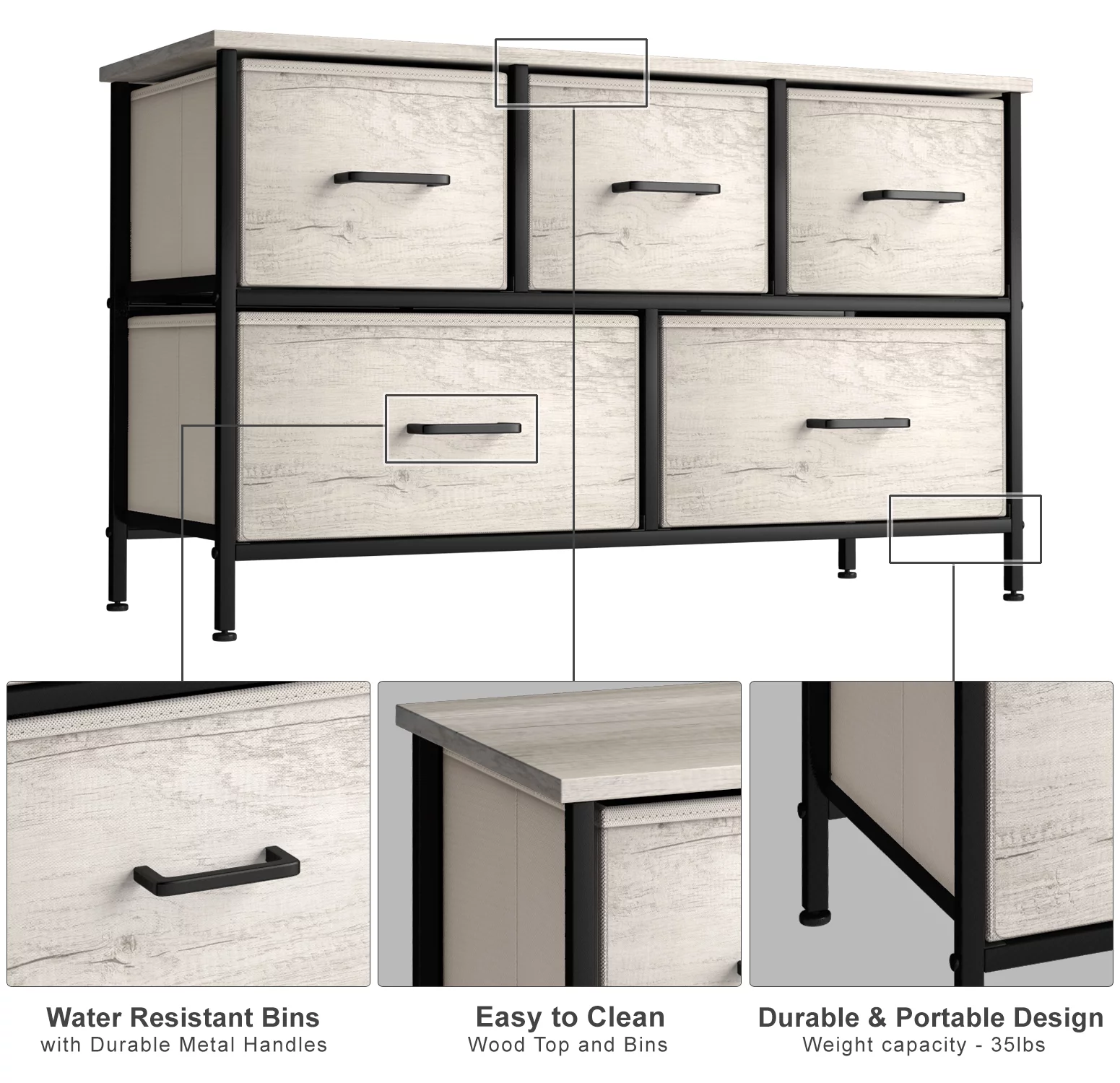 Sivan Home Décor Dresser with 5 Fabric Bin Drawers - Versatile for Bedroom Storage and/or TV Stand Riser (Faux Wood - Greige)