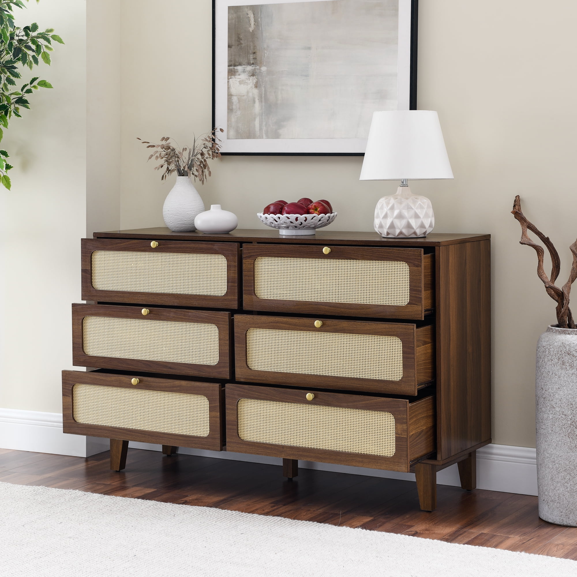 Antique Wooden 6-Drawer Dresser Versatile Storage Cabinet for Bedroom, Living Room, Corridor - TV Cabinet Option-Natural Walnut