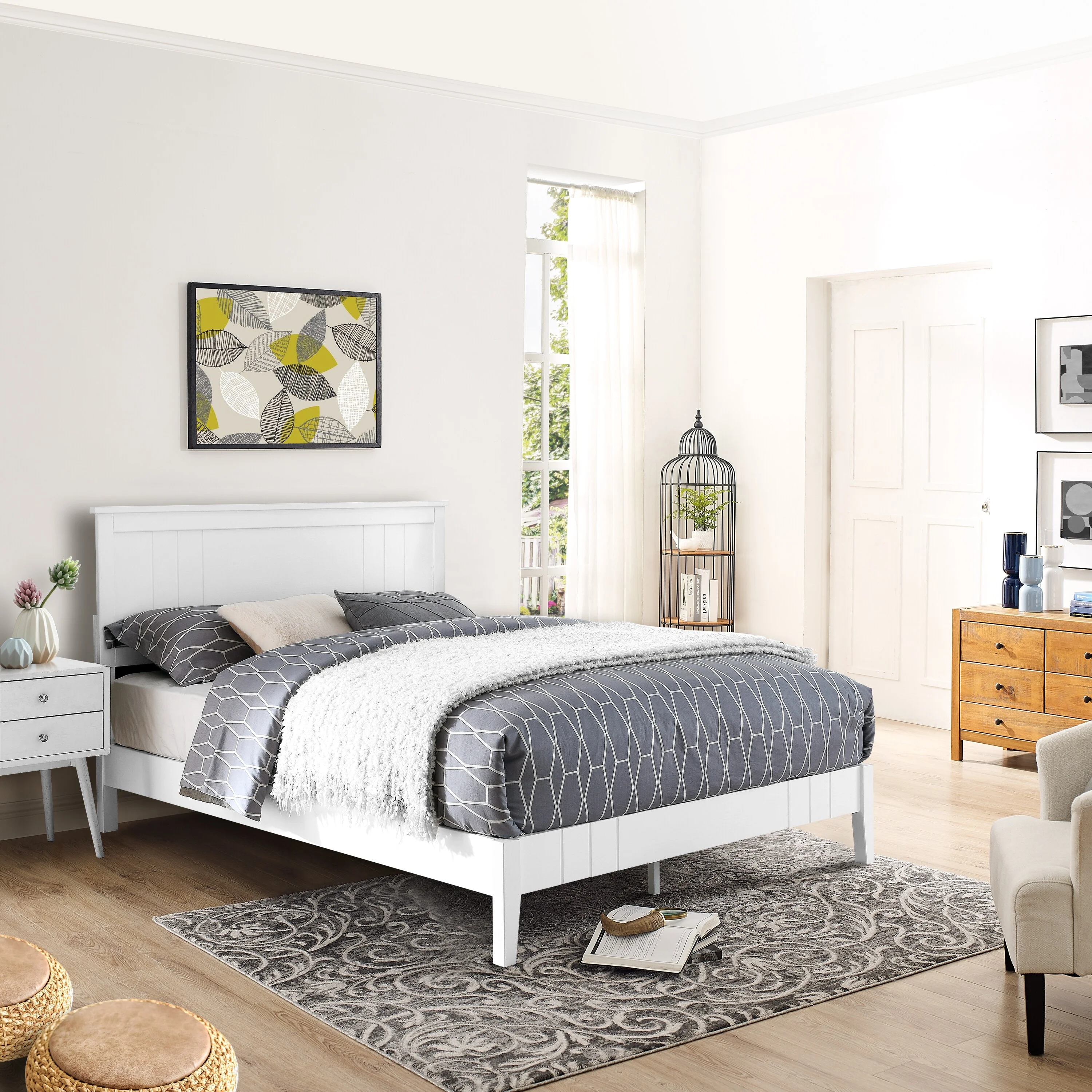 MUSEHOMEINC Mid-Century Modern Solid Wooden Platform Bed with Adjustable Height Headboard for Bedroom,No Box Spring Needed White - Full