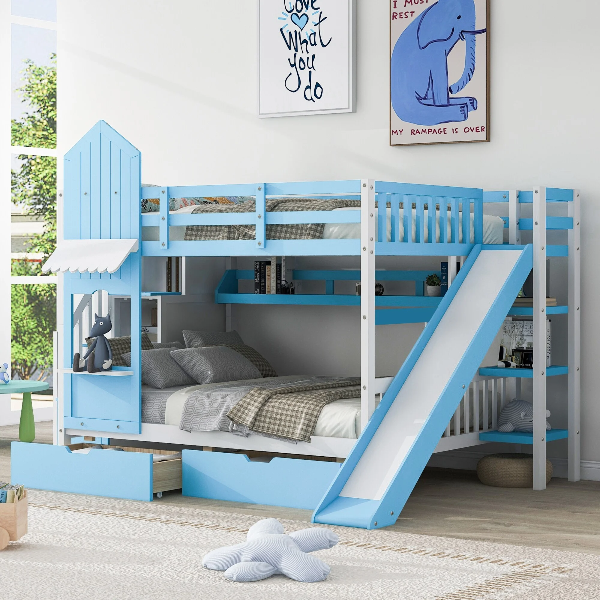 Castle Style Bunk Bed with 2 Drawers, 3 Shelves and Slide Blue - Full