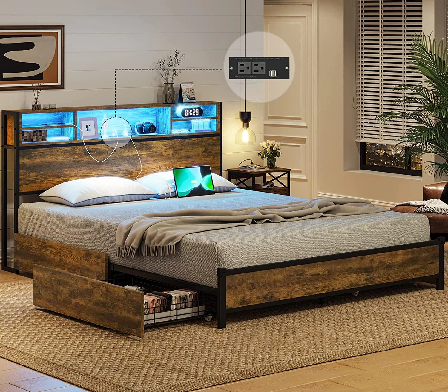 Queen Size Platform Bed Frame with RGB LED Lights Headboard&Storage Drawers, Metal LED Bed Frame with Charging Station for Bedroom, No Box Spring Needed, Vintage Brown