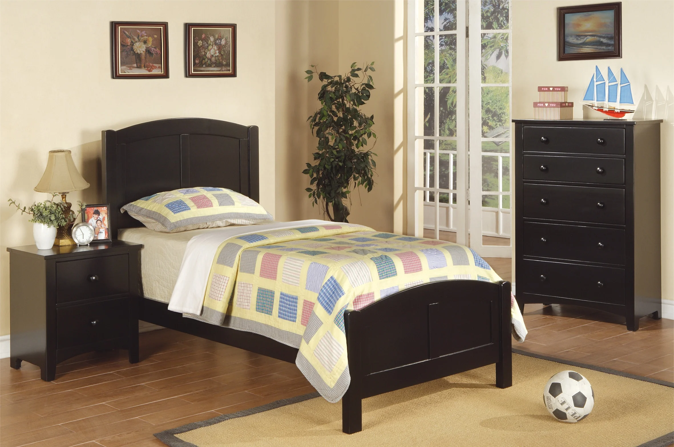 Black Color Twin Size Bed Nightstand And Chest 3pc Set Youuth Bedroom Furniture Wooden Transitional Style Headboard Plywood