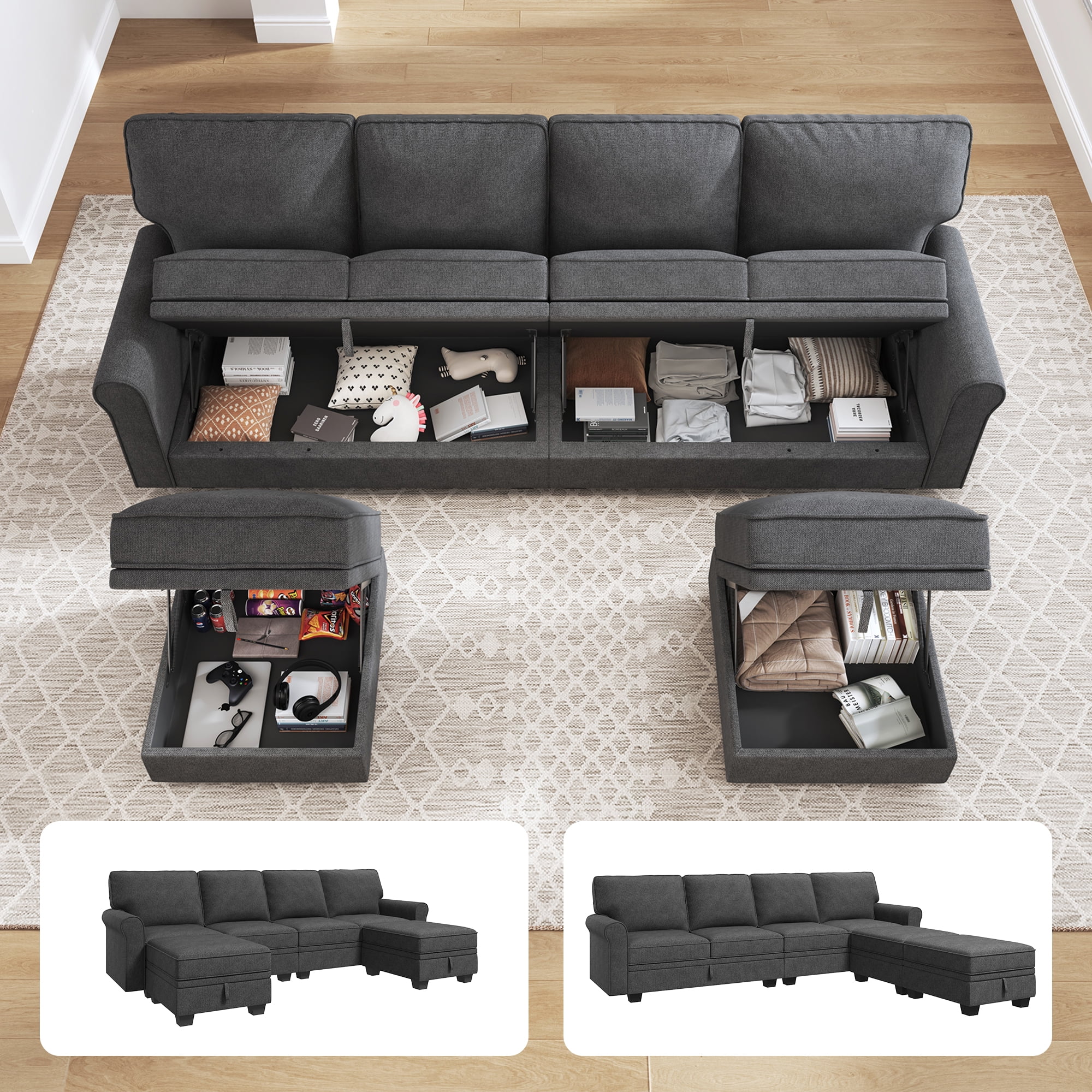 HONBAY Contemporary U-Shaped Sectional Storage Sofa and Hidden Storage with Ottomans for Living Room and Apartment, Dark Grey