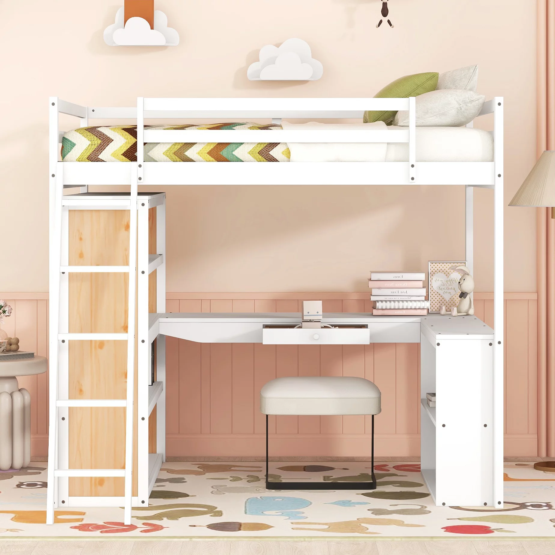 Bellemave Full Size Loft Bed with Desk and Shelves, Wood Loft Bed Frame with with Storage Drawer, Modern High Loft Bed for Kids Teens Adults (White)