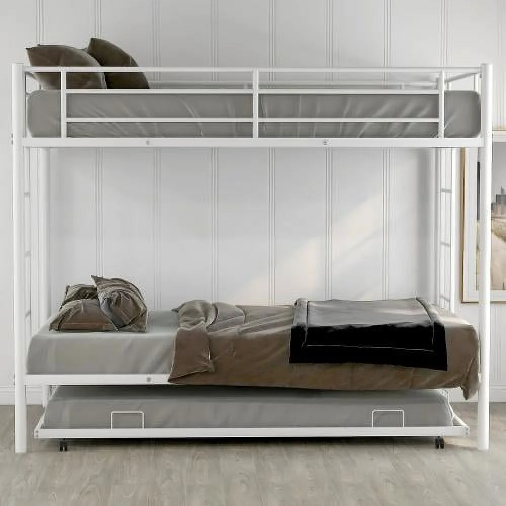 Twin Over Twin Metal Bunk Bed with Trundle, Twin Size Bunk Bed for Family, Kids, Teens,No Box Spring Needed