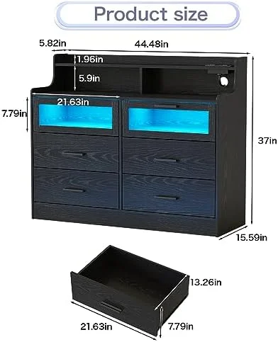 KHBIULIFE Black 6 Drawer Dresser for Bedroom Wide Chest of Drawers with Fence&Led Lights Modern Wood Dresser with Charging Station Closet  Dresser for Living Room Hallway Entryway