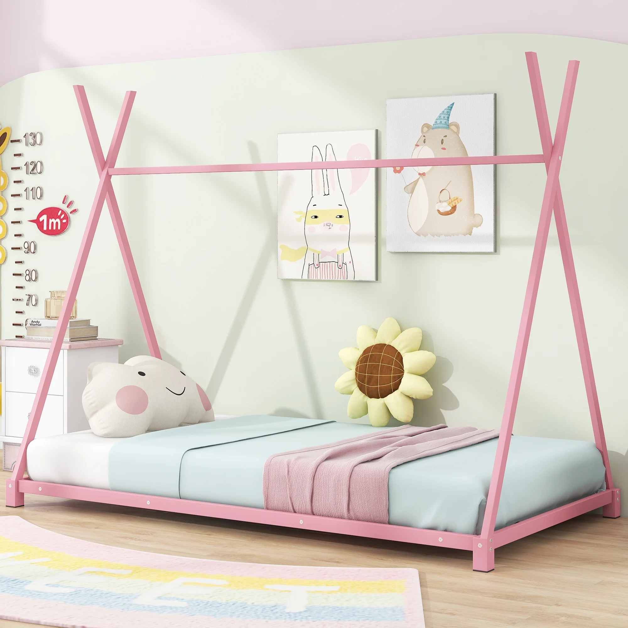 Euroco Metal Tent Bed Frame, Twin Size Bed for Kids Bedroom, Pink
