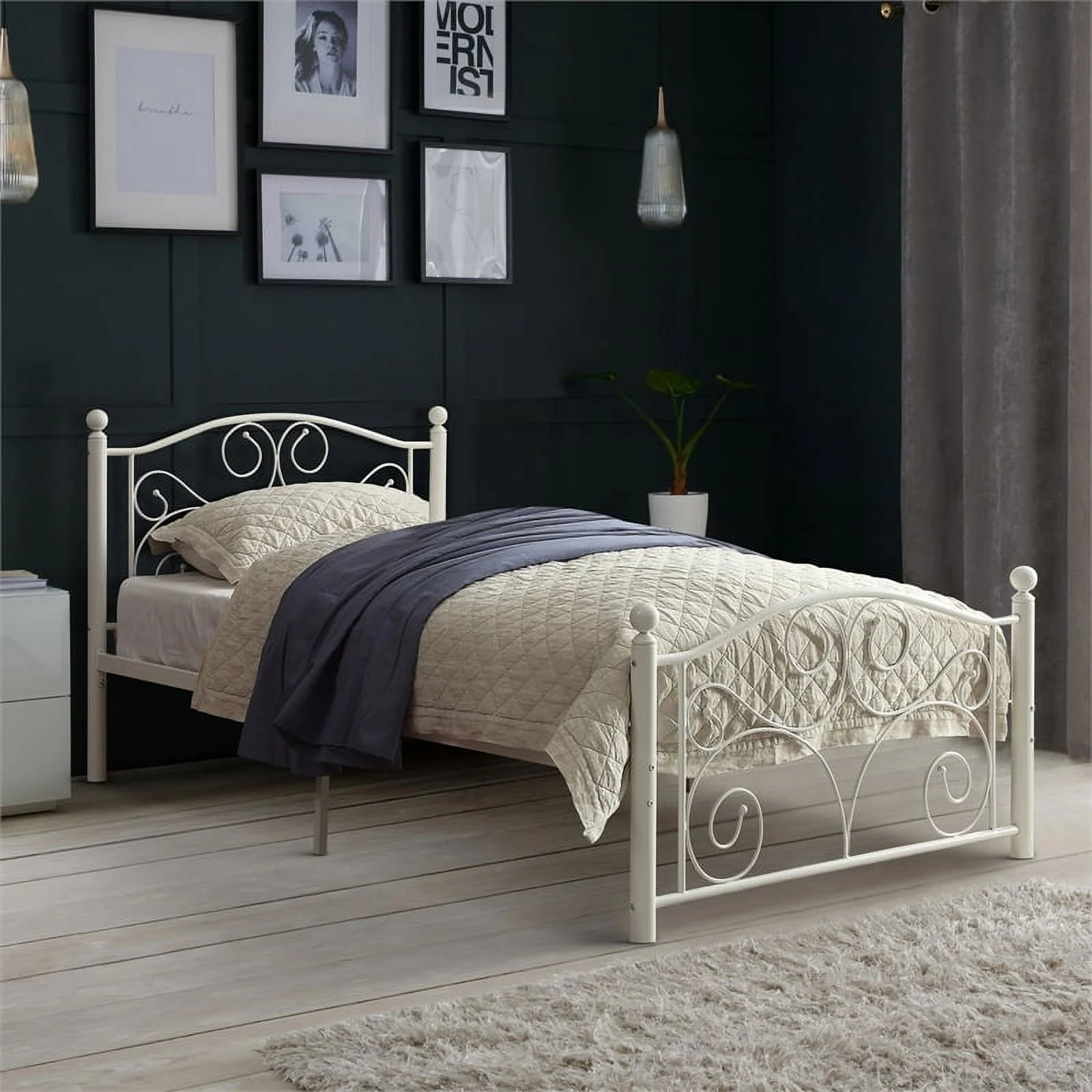Pemberly Row Traditional Metal Twin-Size Platform Bed in White