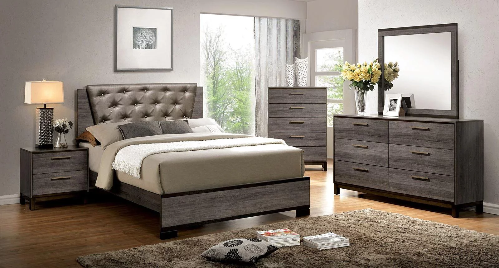 Contemporary Antique Gray Solid Wood Queen Bedroom Set 6pcs FOA CM7867-Q Manvel