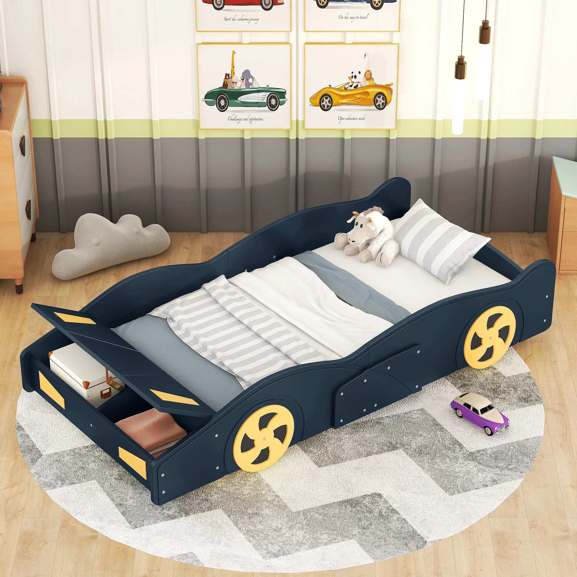 Race Car-Shaped Bed with Wheels and Storage for Teens, Bed for Kids with Pine Wood Roof and Fence, Suitable for Young Children, Children, Easy to Assemble(Blue, Twin)