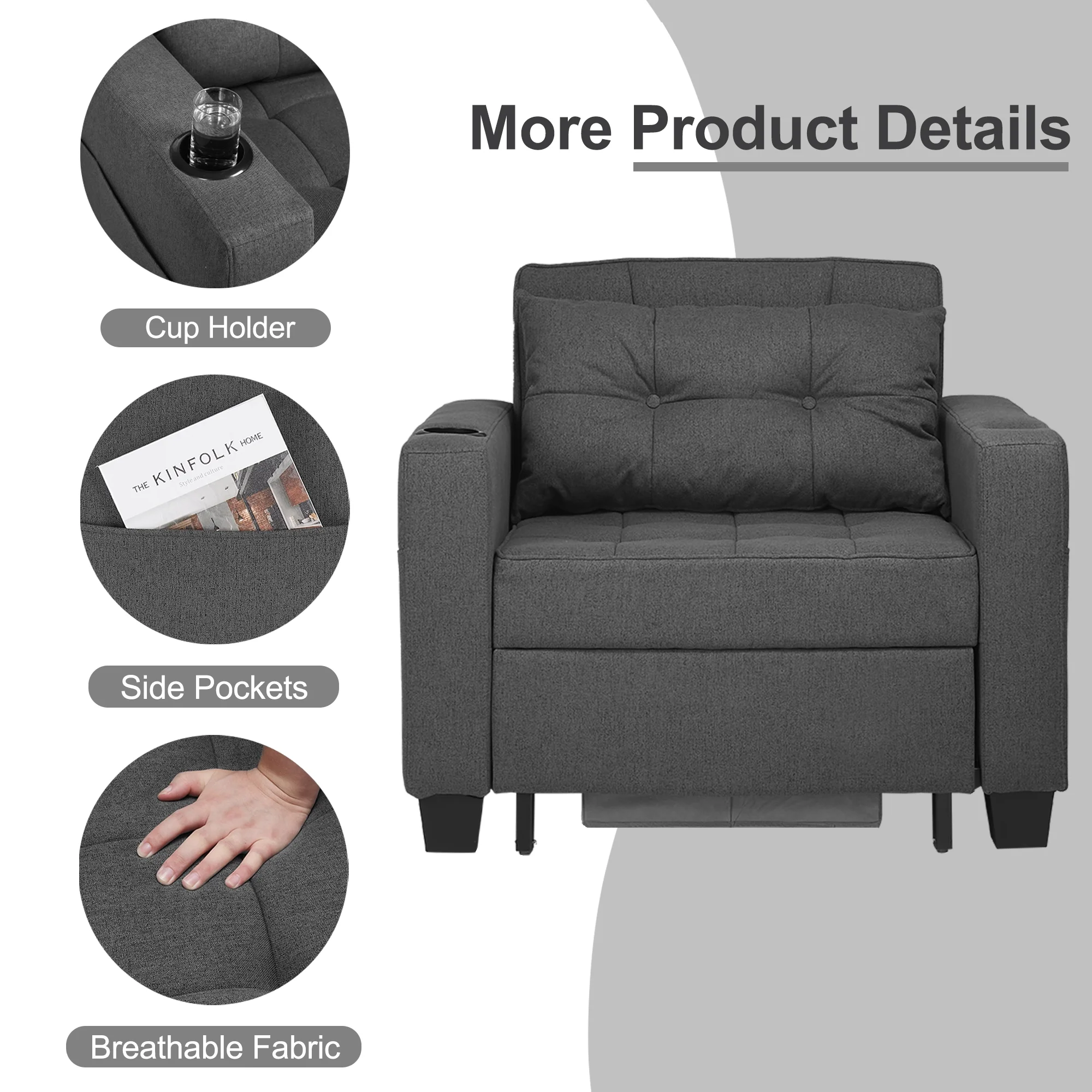 Pull Out Convertible Sleeper Sofa Bed with Storage USB Port Cup Holder Side Pocket Pillow Adjustable Backrest, Dark Gray