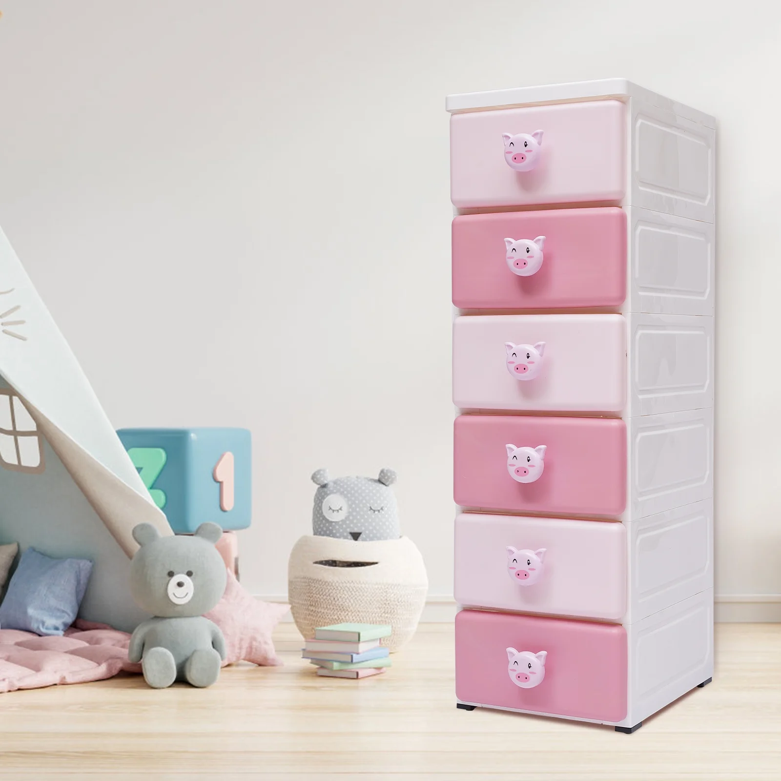Loyalheartdy 6 Drawers Plastic Storage Cabinet Movable Vertical Dressers Clothes Organizer Tower Closet Pink 11.8