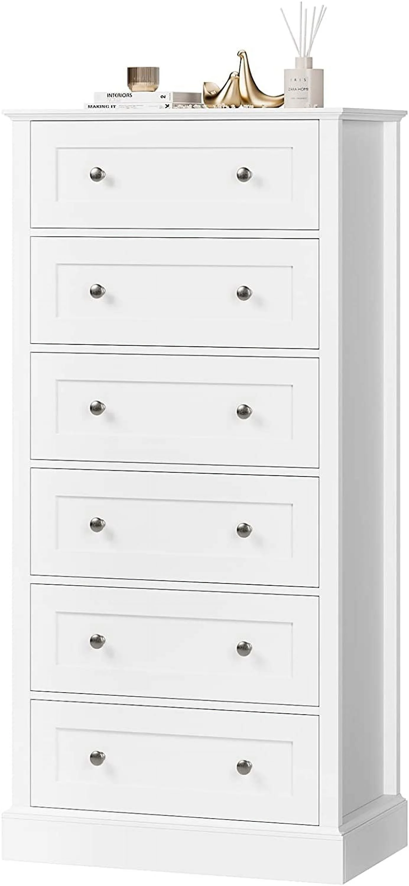 Popular 6 Drawer Dresser Tall White Dresser for Bedroom with Mental Double Handles Chest of Drawers for Clothes Storage Cabinet Hallway Living Room
