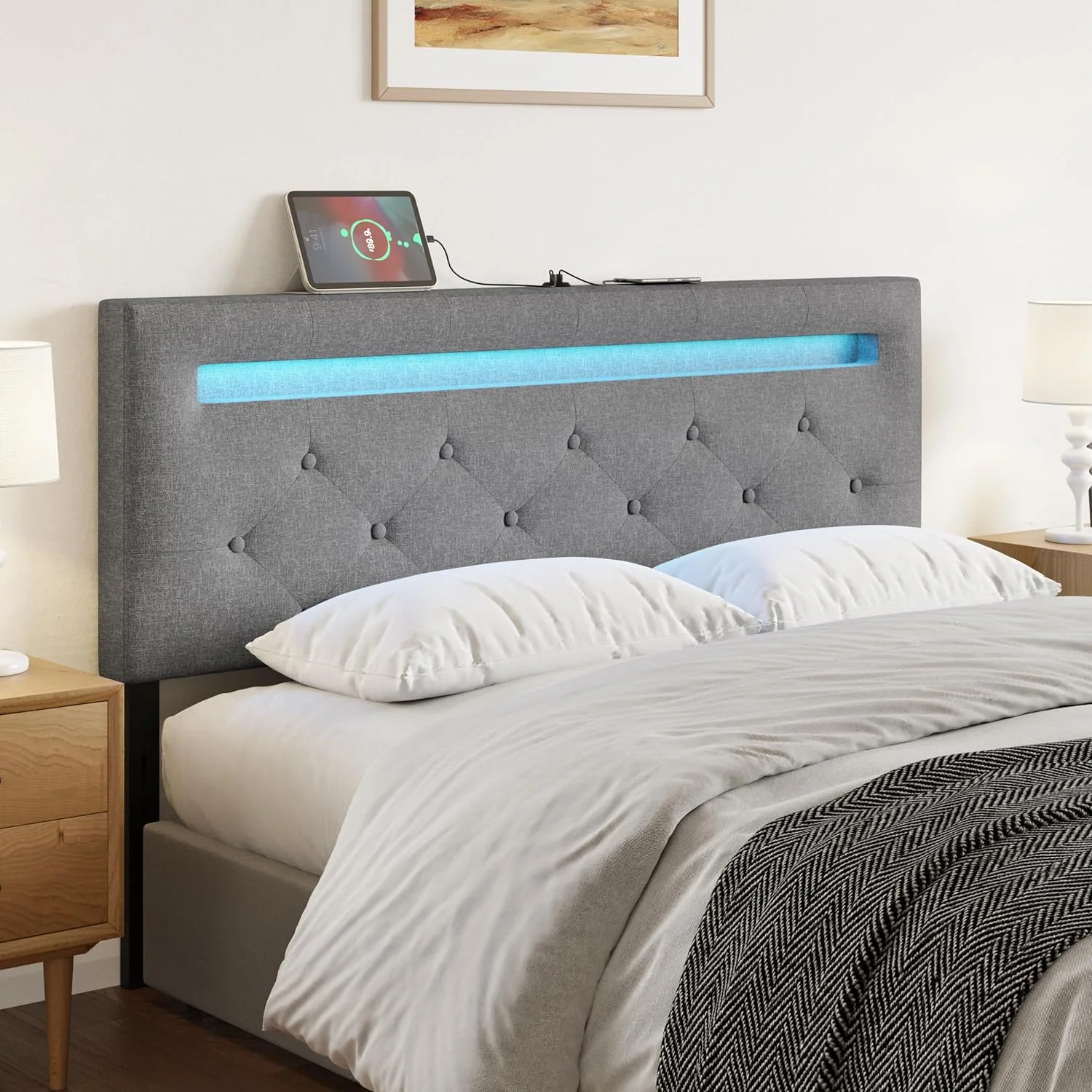 Headboards for Queen Size Bed with LED Light & USB Post Upholstered Queen Headboard with Adjustable Height Linen Fabric Padded Headboard for Queen Size Bed Mordern Head Board for Bedroom