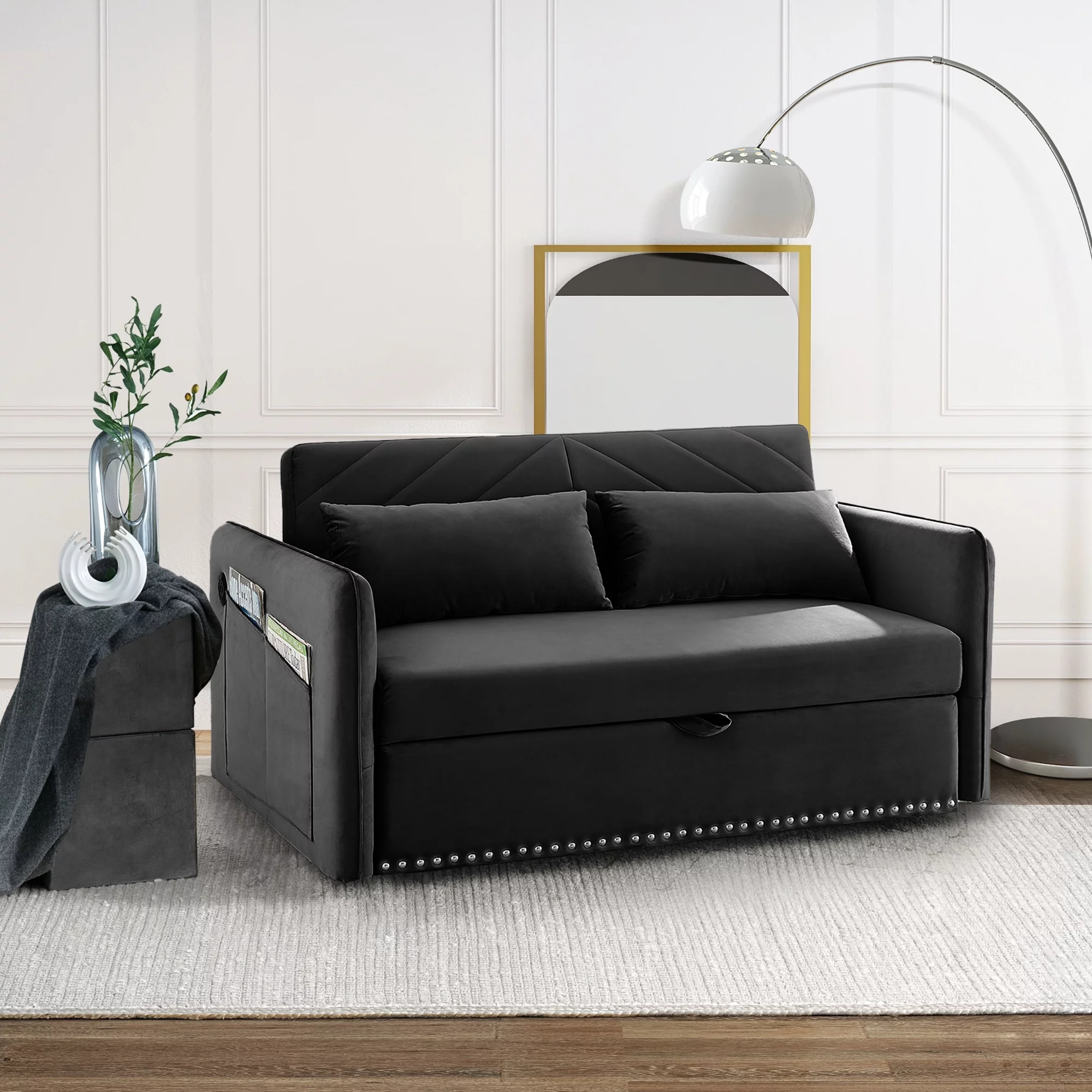KINFFICT Pull Out Sofa Bed, 2 Seat Sleeper Sofa with Pull Out Couch, Upholstered Velvet Loveseat Sleeper with Adjustable Back, for Living Room, Black