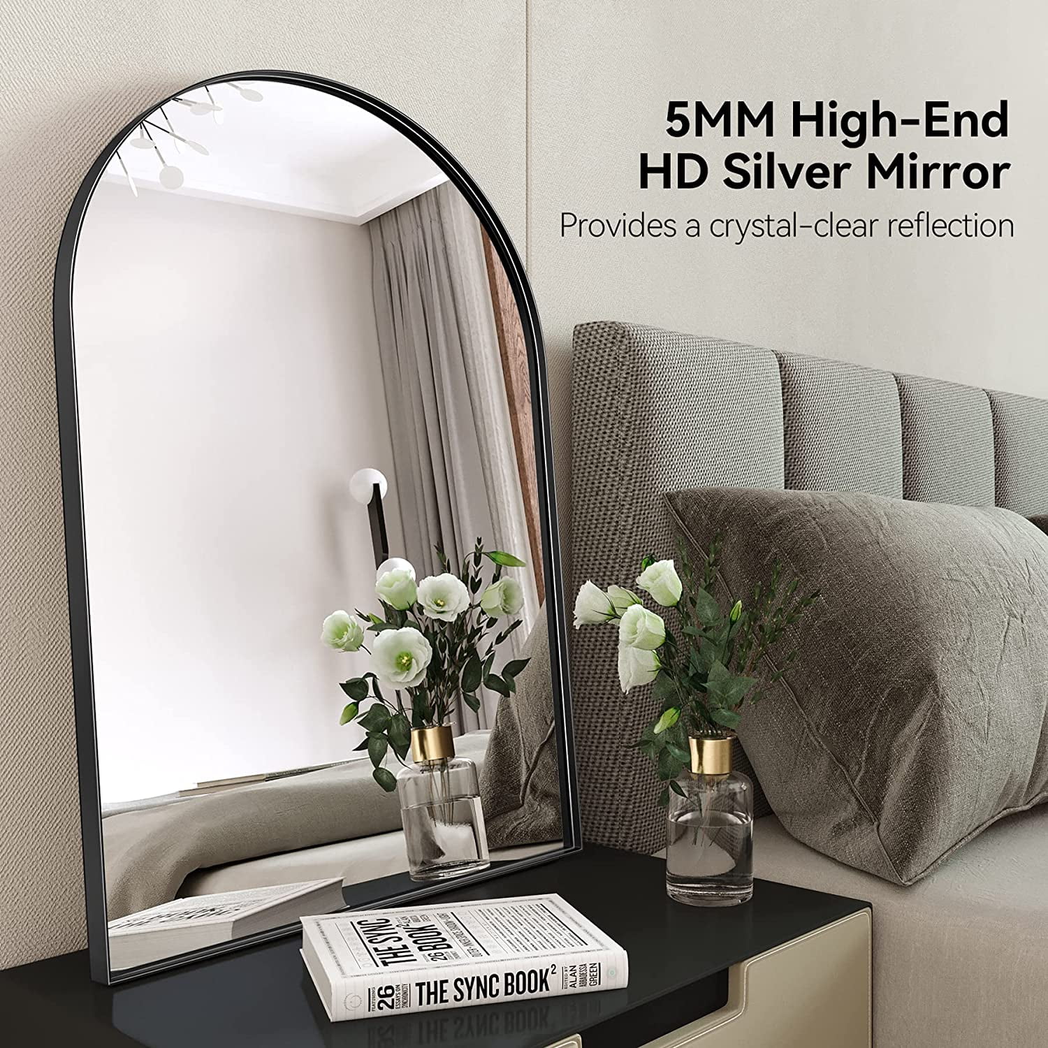 Scifil 24*36 Inch Black Arched Bathroom Wall Mirror, Modern Arch Vanity Wall Mirror with HD Glass & Metal Frame for Bathroom Bedroom Living Room Fire Mantel Mirror