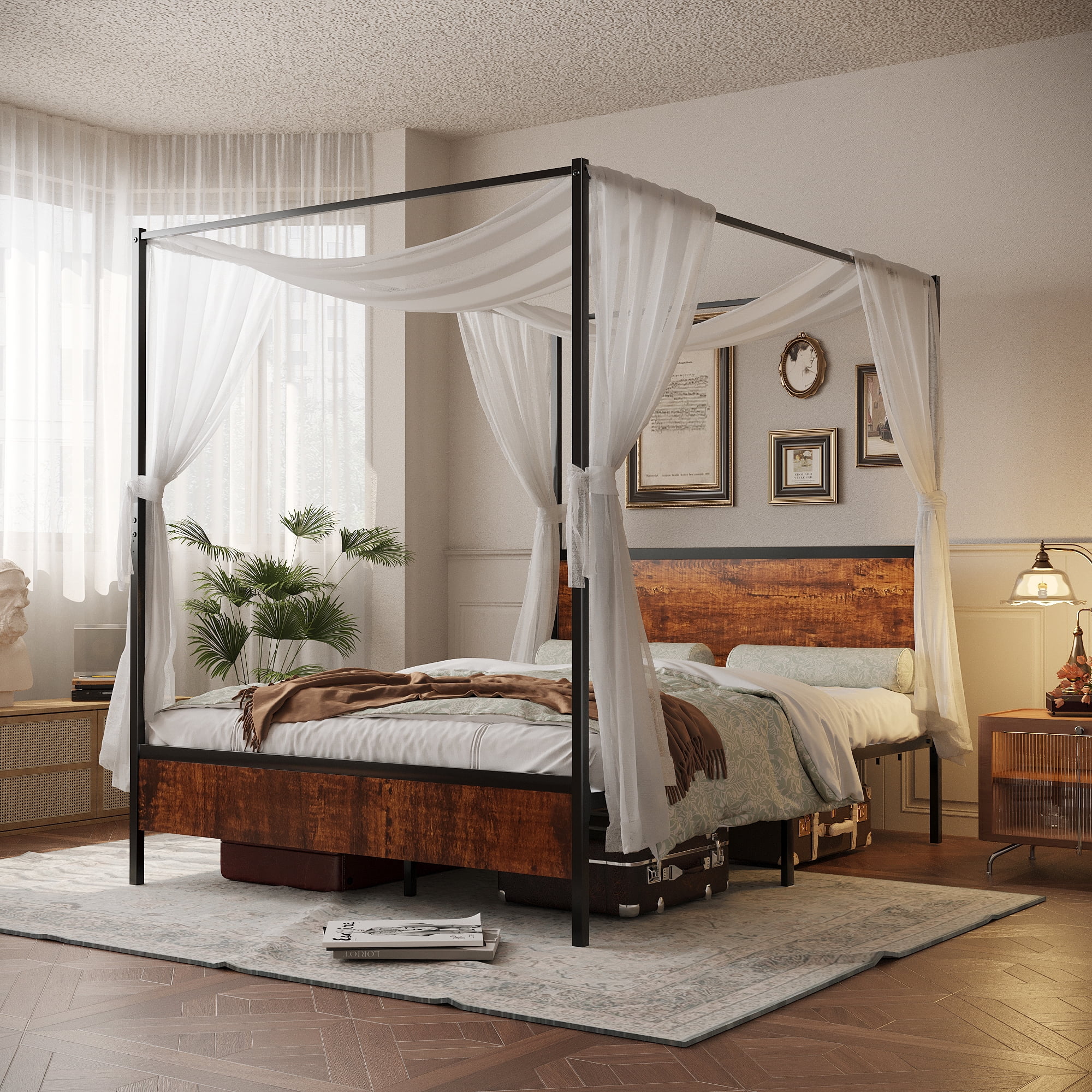 Holdolife Queen Size Canopy Bed Frame with Four Poster Design, Industrial Metal Bed with Wood Headboard, Noise-Free, No Box Spring Needed, Easy Assembly