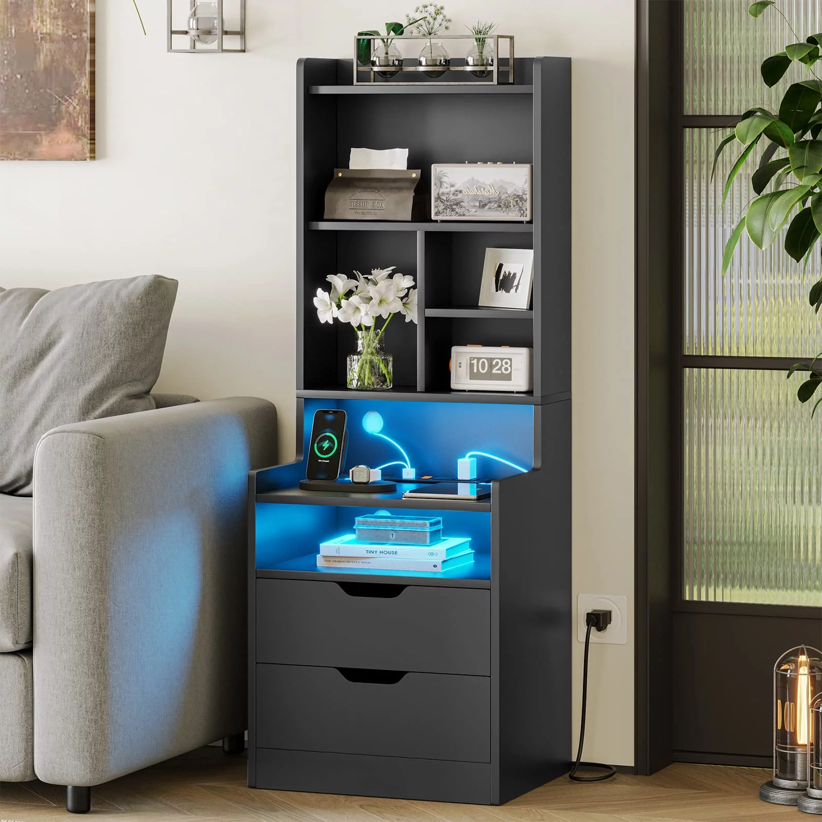 LED Tall Nightstand with Bookshelf and Charging Station, Modern End Side Table with 3 Drawer, Bedside Table for Bedroom, Black