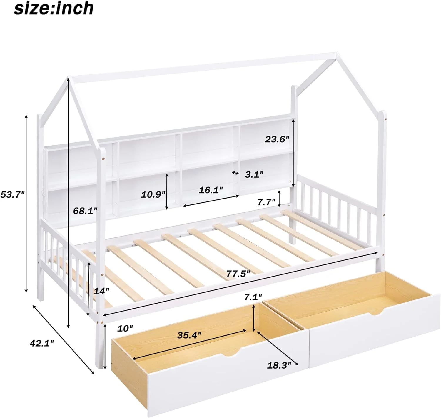Size House Bed With Storage Drawers And Shelves, Kids Montessori Playhouse Bed Wood Tent Daybed Frame For Girls Boys Teens, White
