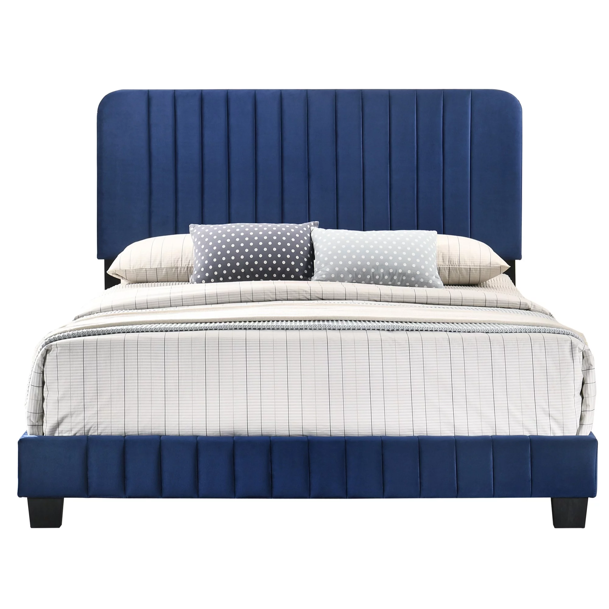 Passion Furniture Lodi Velvet Upholstered Channel Tufted Panel Bed, Navy Blue - King Size