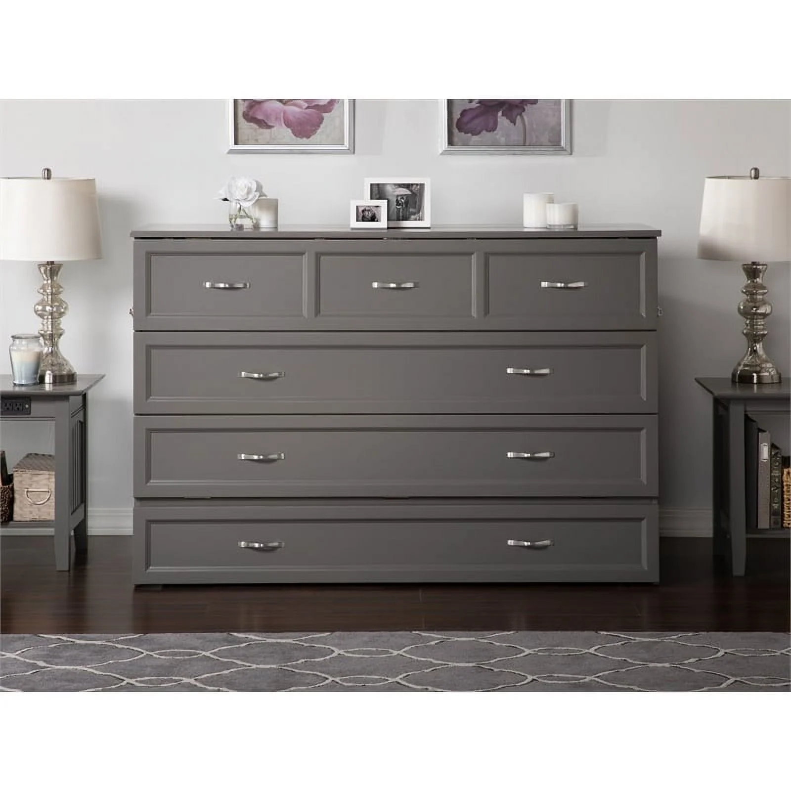 Atlin Designs Modern Solid Wood Queen Murphy Bed Chest with Mattress in Gray