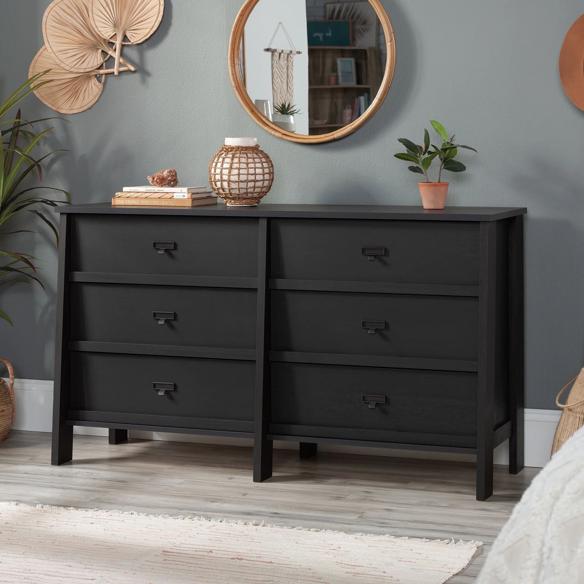 Sauder Trestle 6-Drawer Bedroom Dresser in Raven Oak, Raven Oak Finish