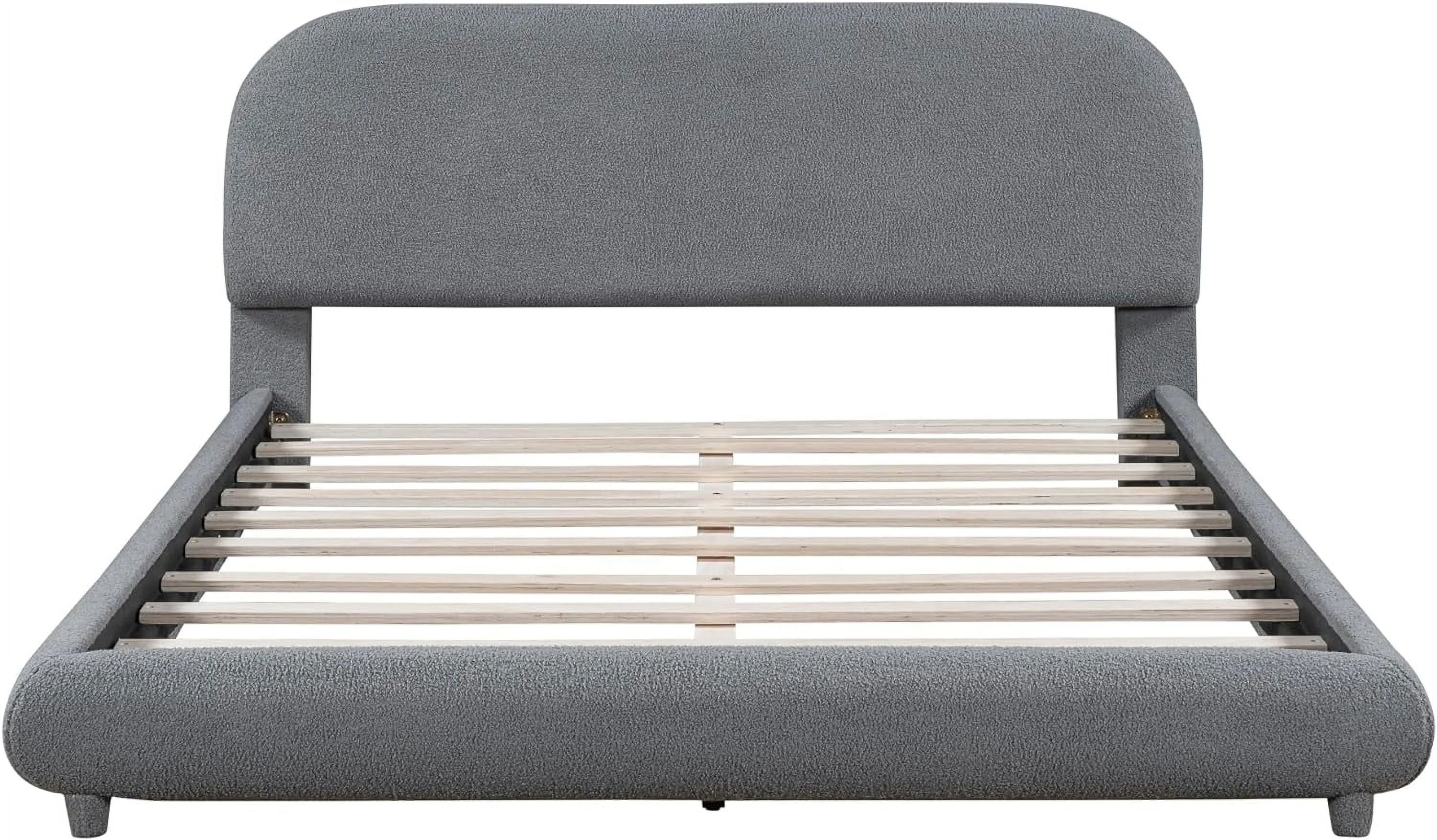 Queen Size Platform Bed with Thick Fabric, Teddy Fleece Upholstered Platform Bed with Curve-Shaped Design Headboard, Solid Wood Bed Frame for Boys Girls Kids Teens Adul