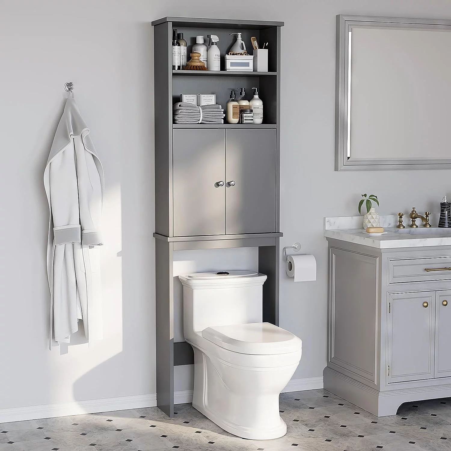 Sobaniilo Over The Toilet Storage Cabinet for Bathroom, Storage Organizer Over Toilet, Space Saver W/Adjustable Shelf & Open Storage Shelf, 75in, Gray