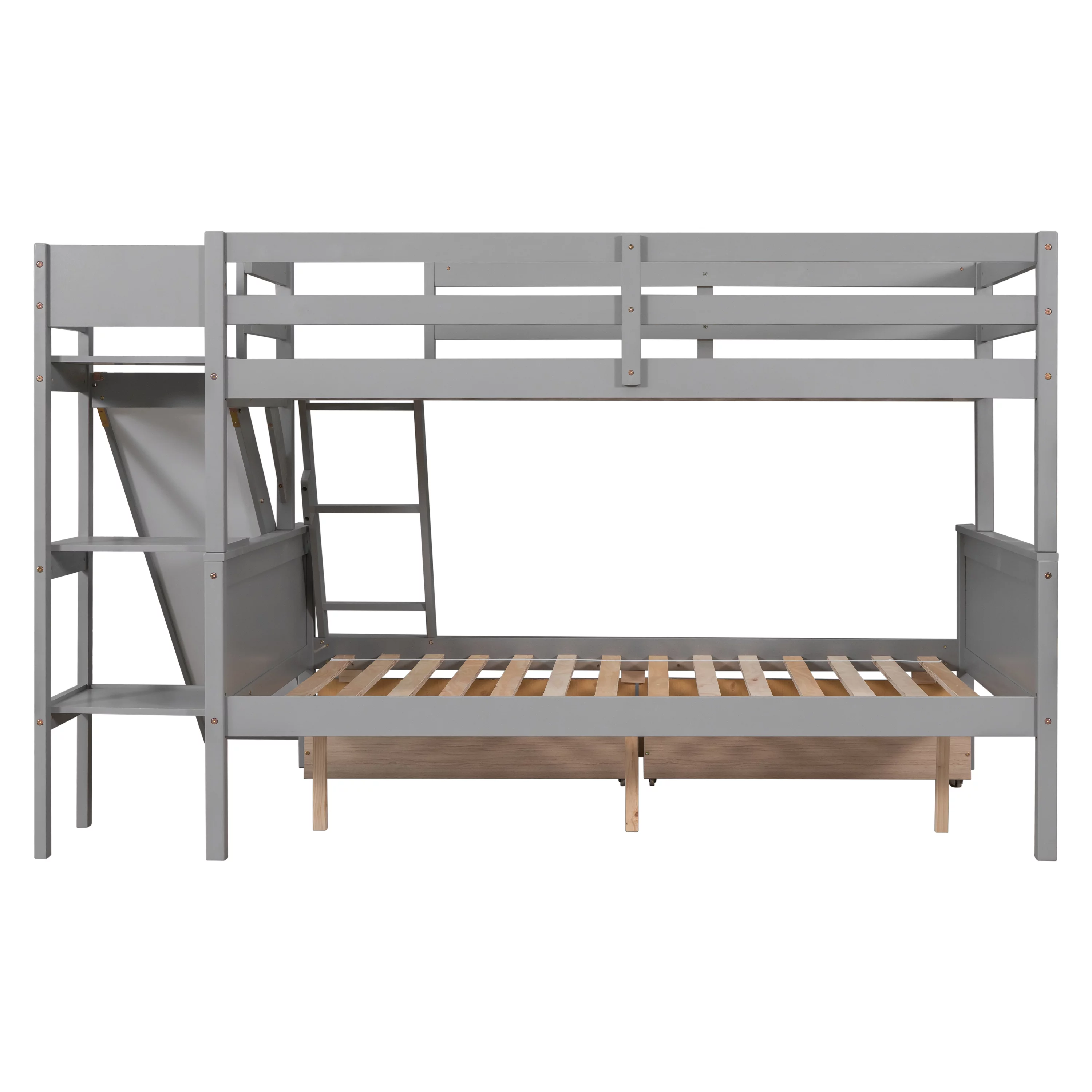 Slide,Shelves Grey, Twin over Full Bunk Bed with 2 Drawers