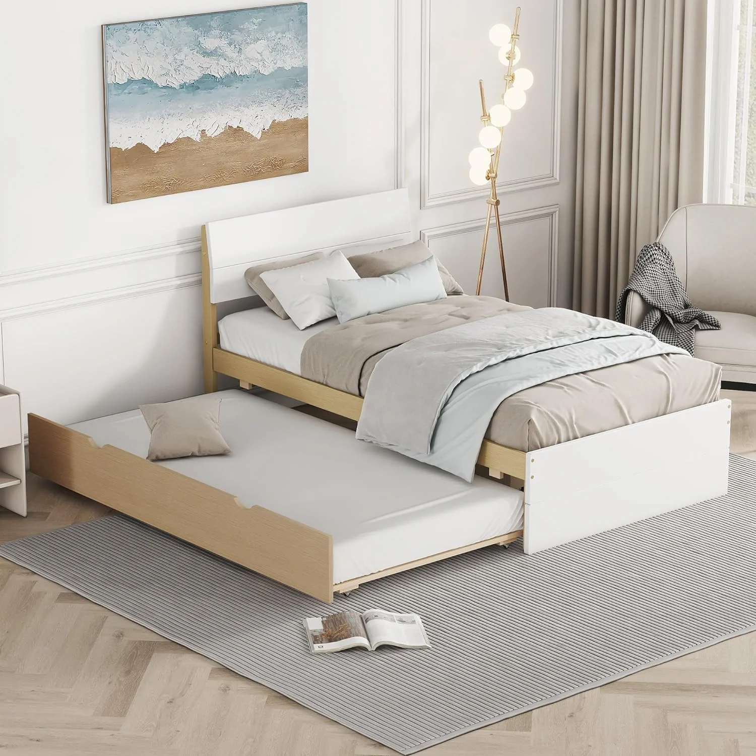 Moder Platform Bed With Trudle Ad Headboard, Size Trudle Bed Frame,Wood Slats Support For Boys/Girls/Adult Bedroom,White Ad Light Oak